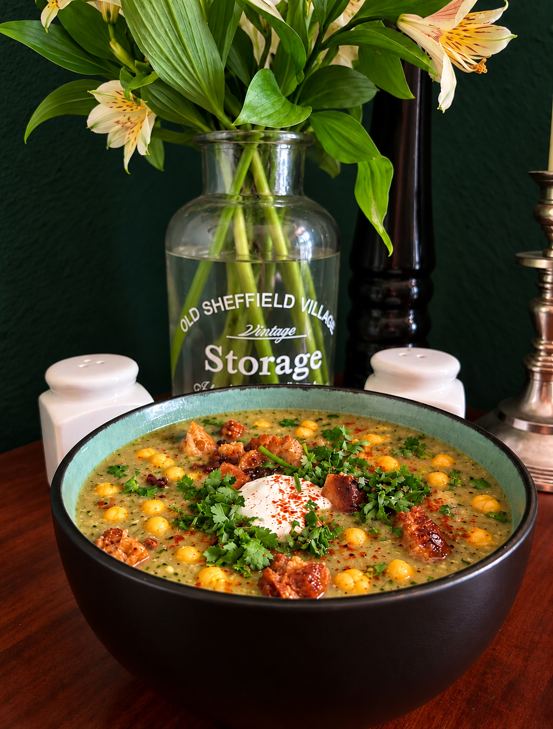 Mexican Zucchini Soup topped with sweet corn, vegan crema, crispy golden-brown pieces, fresh coriander and chili flakes in a rustic ceramic bowl.