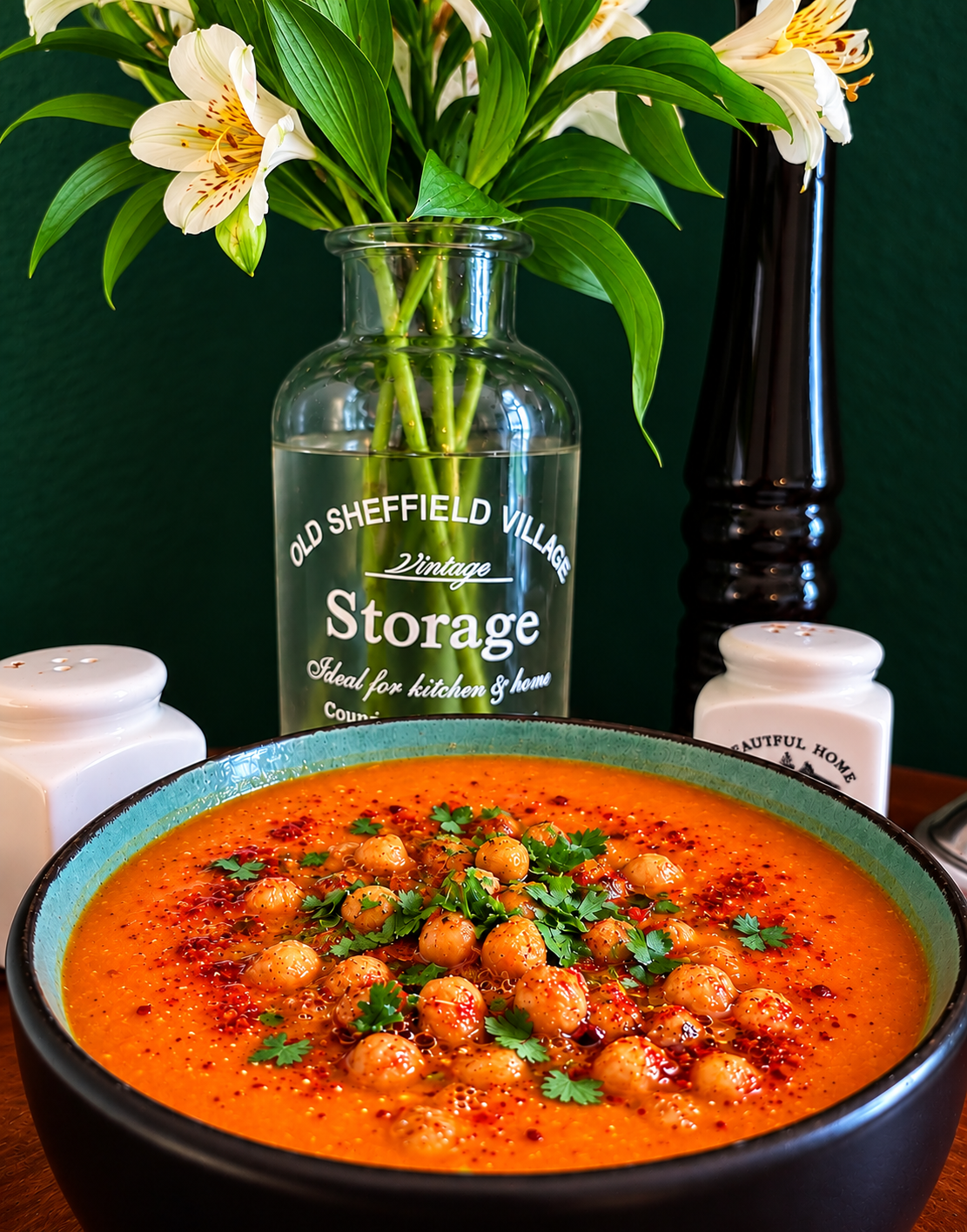 Moroccan Carrot Soup served in a rustic turquoise and black ceramic bowl, topped with golden chickpeas, fresh coriander and red chili flakes.
