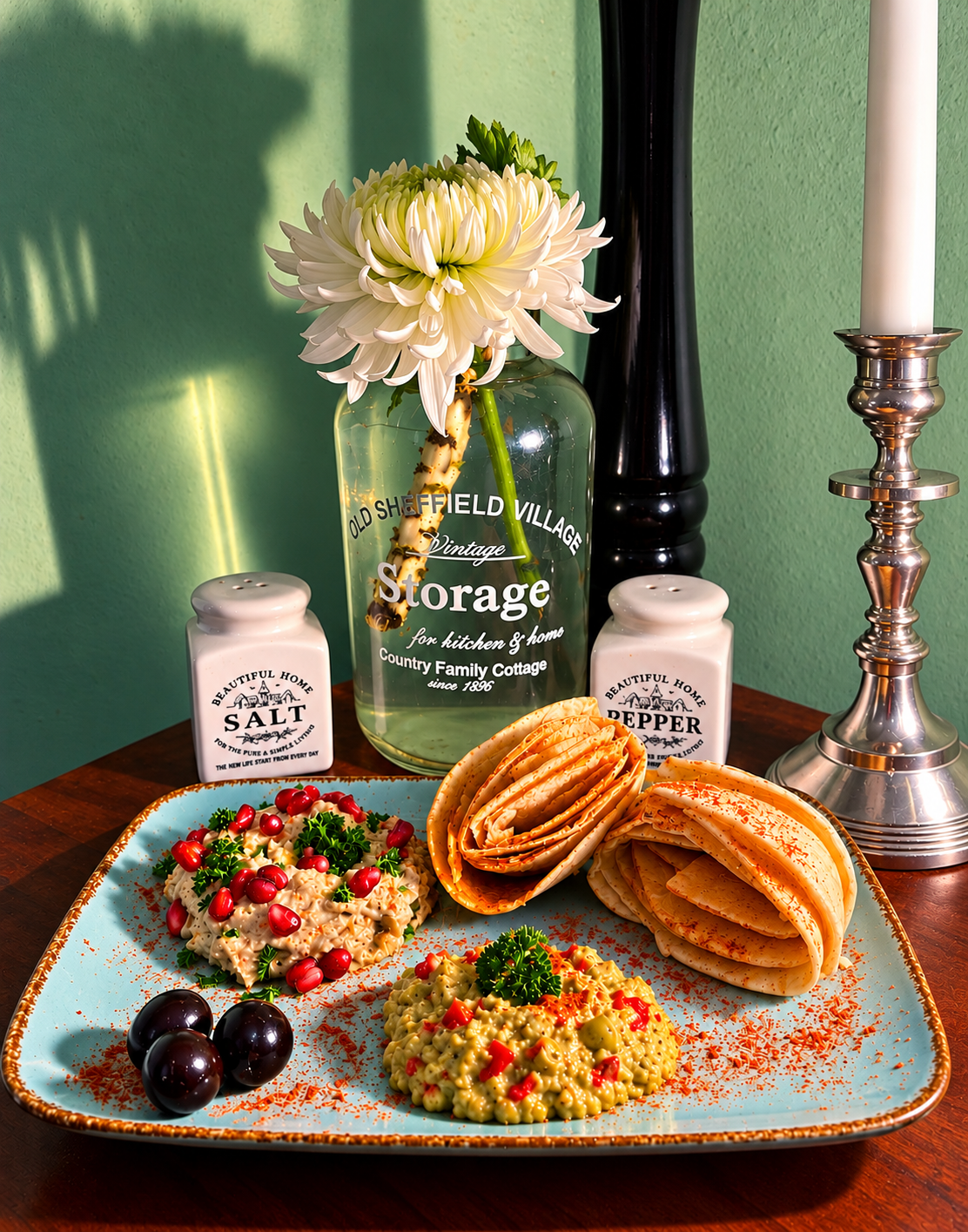 Jordanian vegan Mutabbal made with roasted eggplant, tahini and soy yogurt, garnished with pomegranate seeds and curly parsley, alongside green olive and za’atar paste with red bell pepper, served with flatbread.