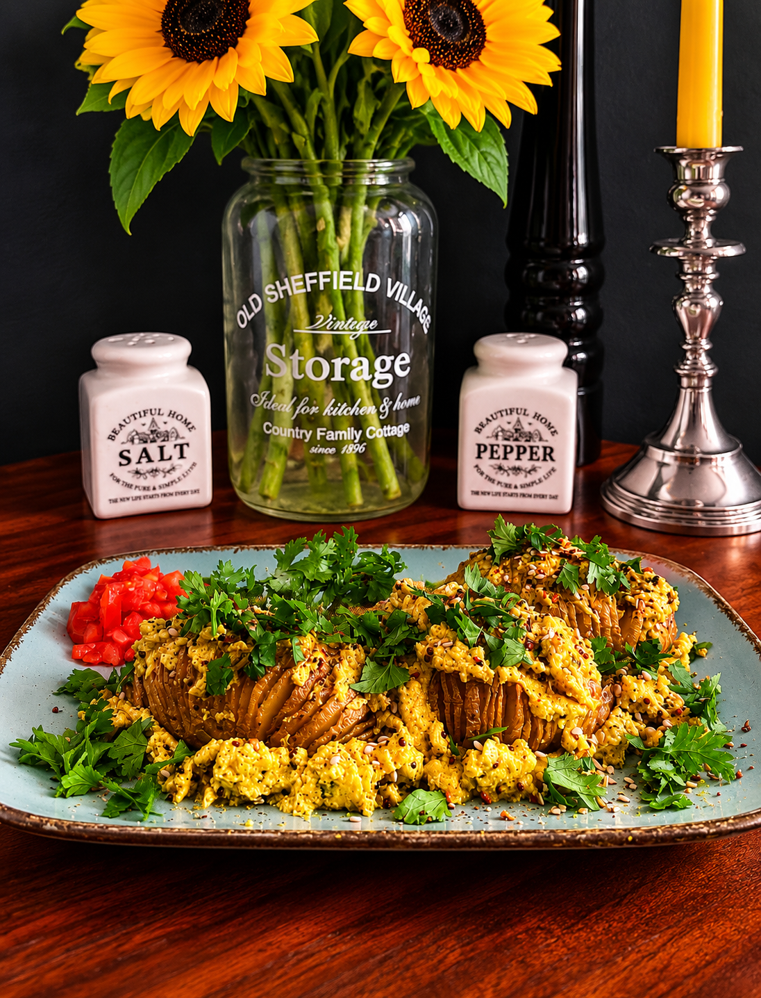 Vegan Myanmar Aloo Hin with golden Hasselback potatoes in turmeric curry sauce, topped with fresh coriander, sesame seeds and diced tomato.