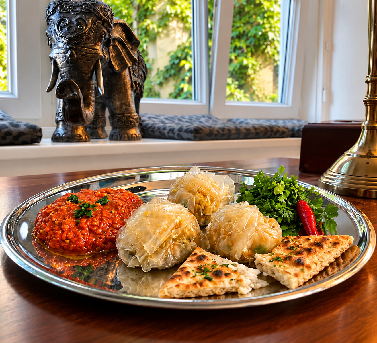 Nepalese Vegan Momos featuring three handmade steamed vegetable dumplings with delicate pleated wrappers, homemade spicy red tomato sesame achar, fresh coriander, a red chilli and golden toasted vegan Garlic Naan on a round silver serving platter.