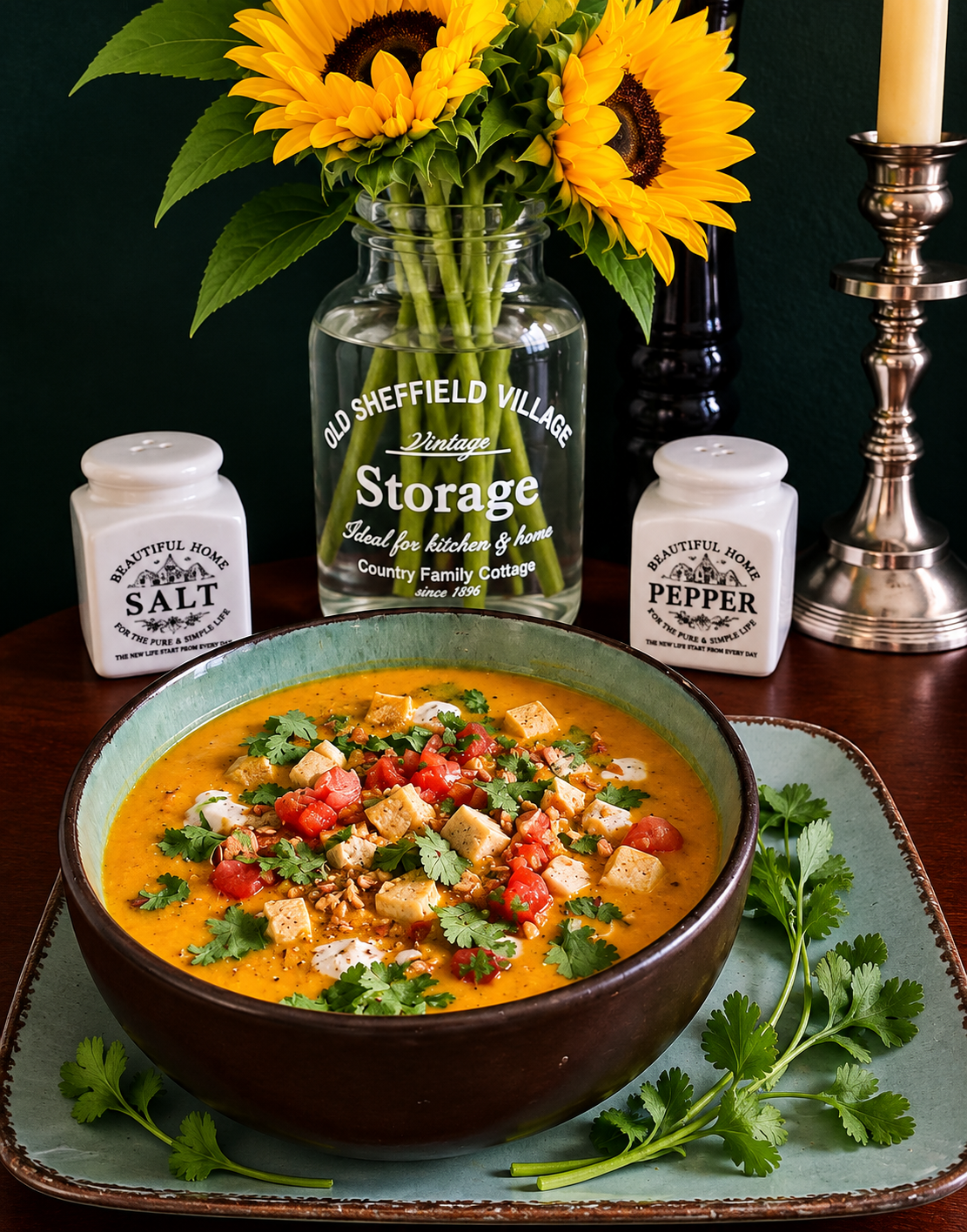 Traditional Zimbabwean Nhopi made with pumpkin, cornmeal and peanut butter, served as a creamy orange soup with golden pan-fried tofu cubes, diced tomatoes, fresh coriander and vegan crème fraîche in a rustic ceramic bowl.