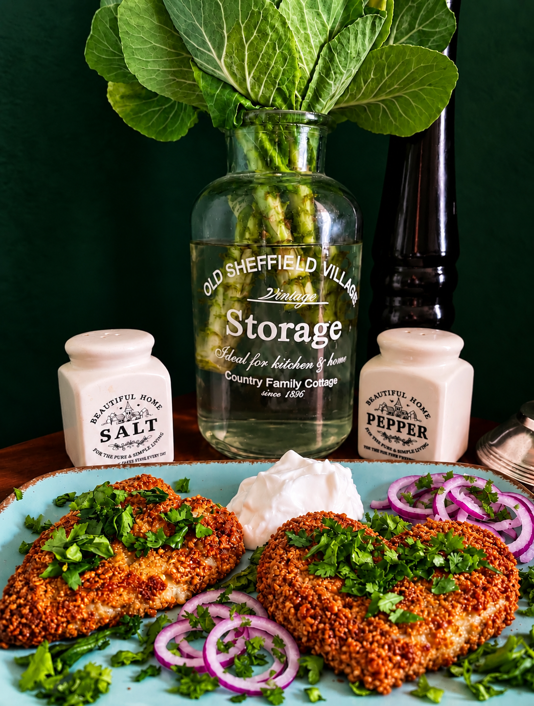Two golden Nigerian-inspired Suya Cauliflower Hearts with a crunchy Yaji peanut and chilli crust, fresh coriander, vegan sour cream and red onion rings on a turquoise ceramic plate.