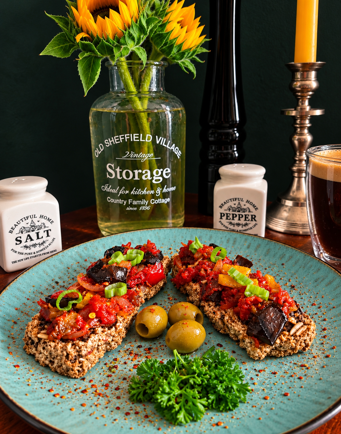 Traditional North Macedonian Pindjur made with roasted red peppers, eggplant, tomatoes and garlic, served on crispy farmhouse bread with spring onions, green olives and fresh parsley on a turquoise plate.