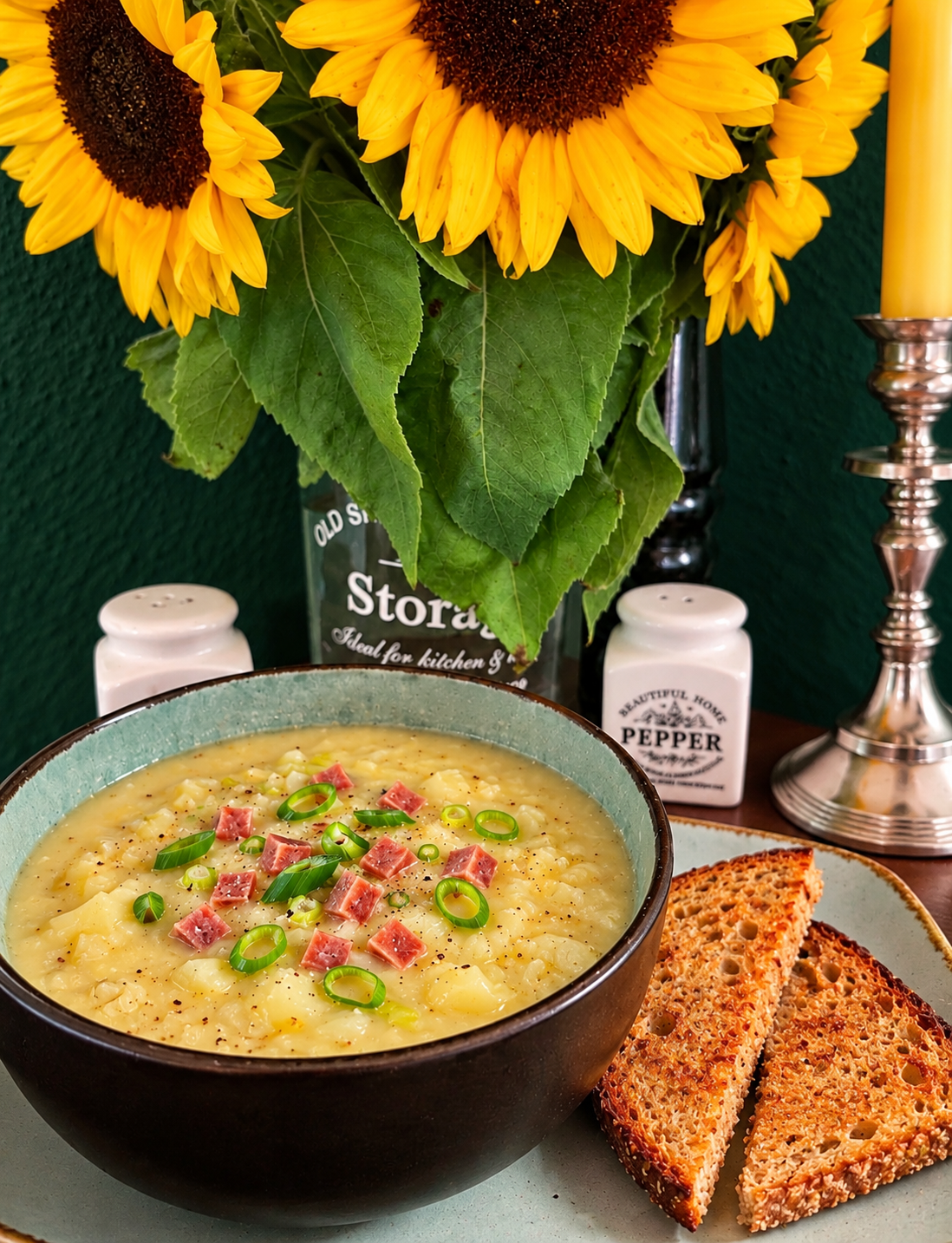 Creamy Norwegian vegan cauliflower soup in a rustic bowl, garnished with tender cauliflower florets, crispy vegan ham cubes and fresh spring onion rings.