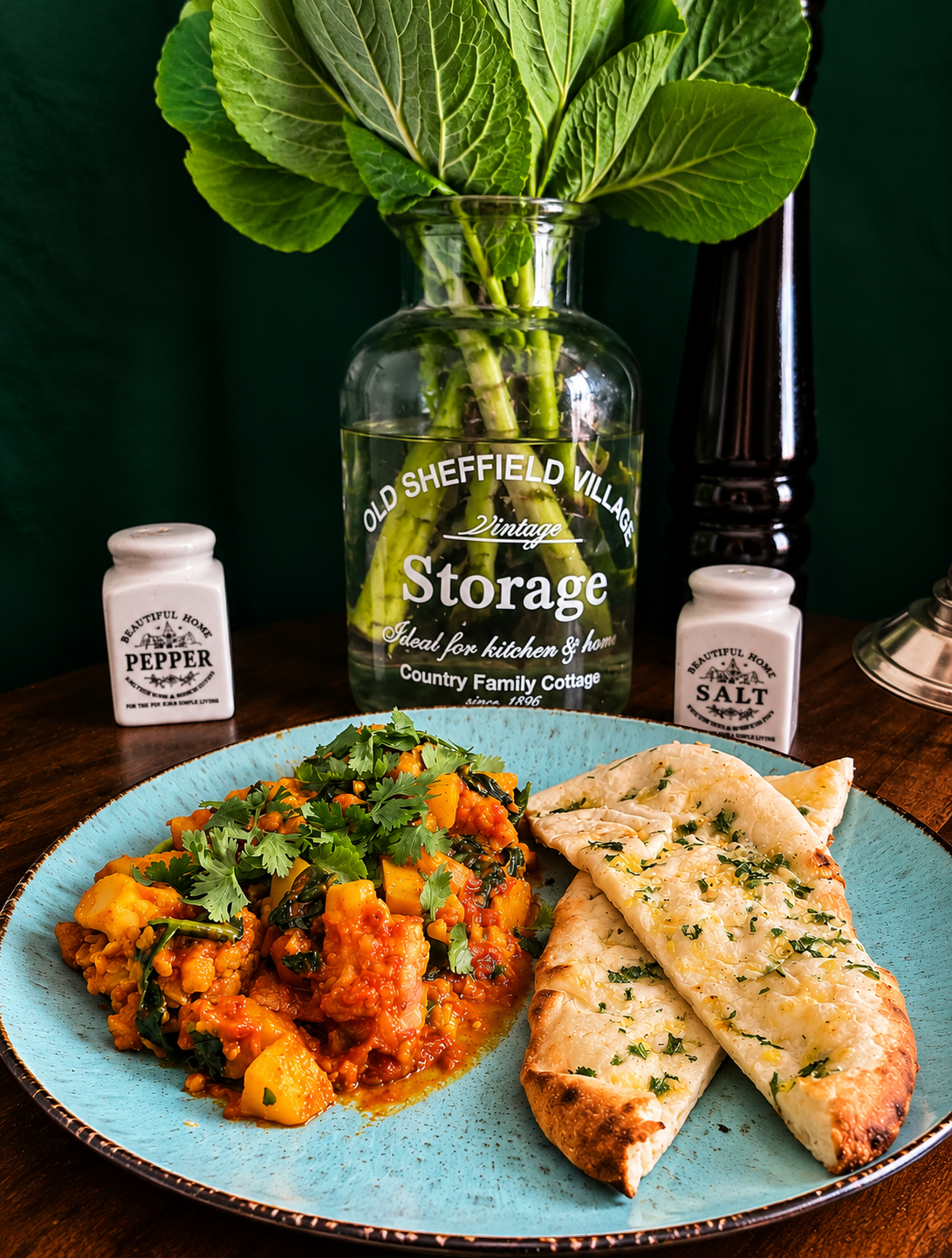 Pakistani vegan Aloo Gobi Palak with potatoes, cauliflower, spinach and tomato masala, garnished with fresh coriander and served with homemade Garlic Naan on a turquoise ceramic plate.