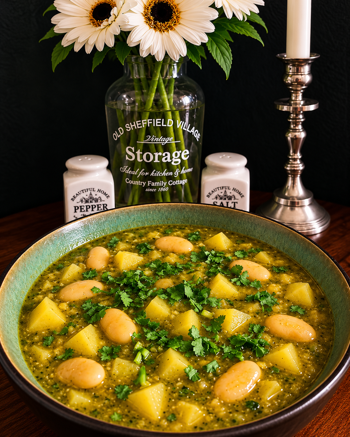 Vegan Peruvian coriander stew with tender potatoes, creamy white giant beans, green peas and homemade yellow chili paste, finished with fresh spring onions in a rich green coriander sauce.