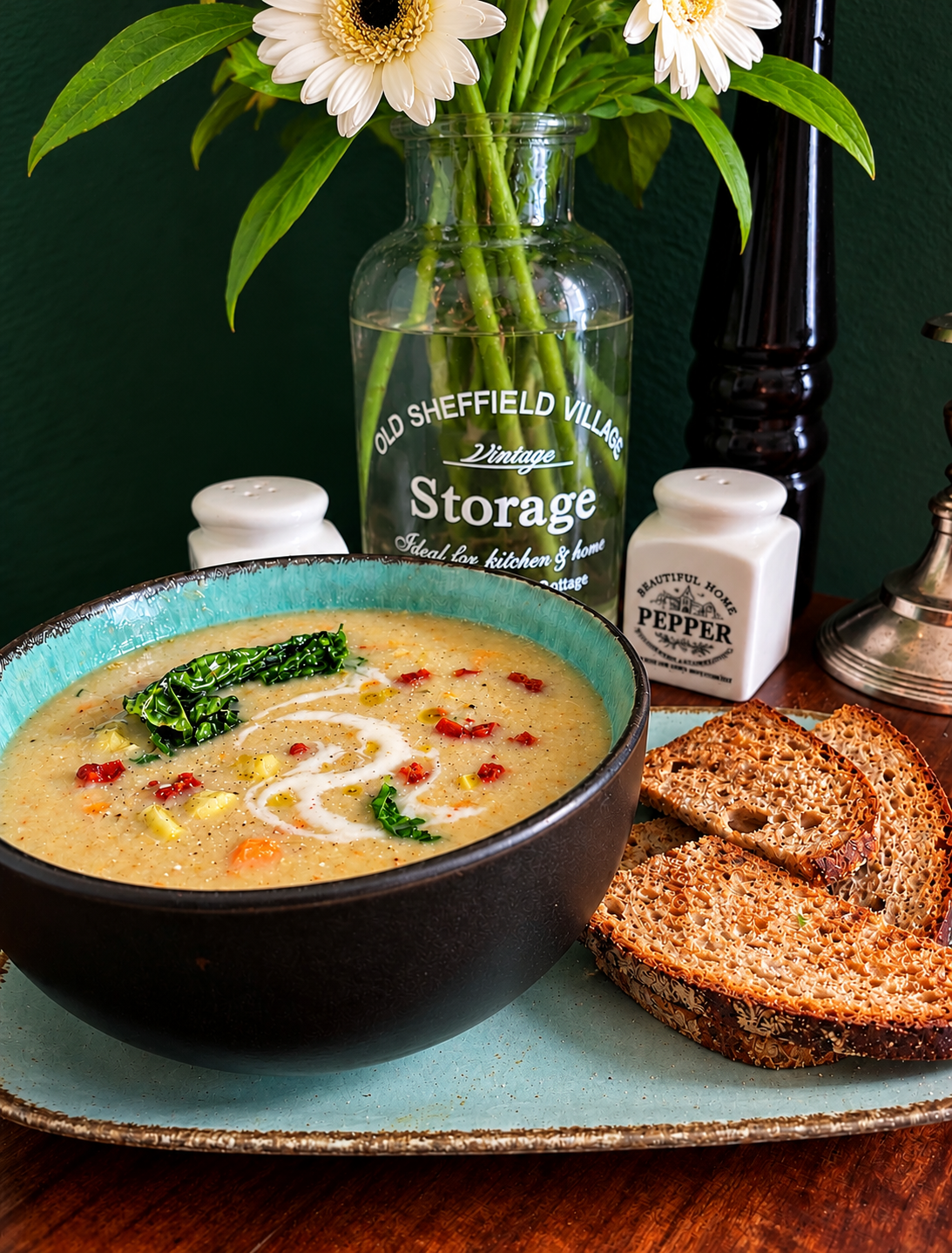 Polish Silesian Kohlrabi Soup served in a rustic black ceramic bowl with a turquoise rim, featuring creamy vegetable broth, tender kohlrabi, potato and carrot pieces, crispy vegan ham cubes, fried green kohlrabi leaves and a swirl of vegan sour cream, accompanied by toasted rustic bread.