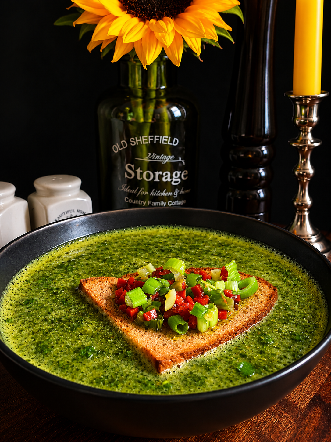 Portuguese Açorda à Alentejana – traditional vegan coriander and garlic bread soup with toasted rustic bread, crispy vegan bacon cubes and fresh spring onion rings, served in a black bowl.
