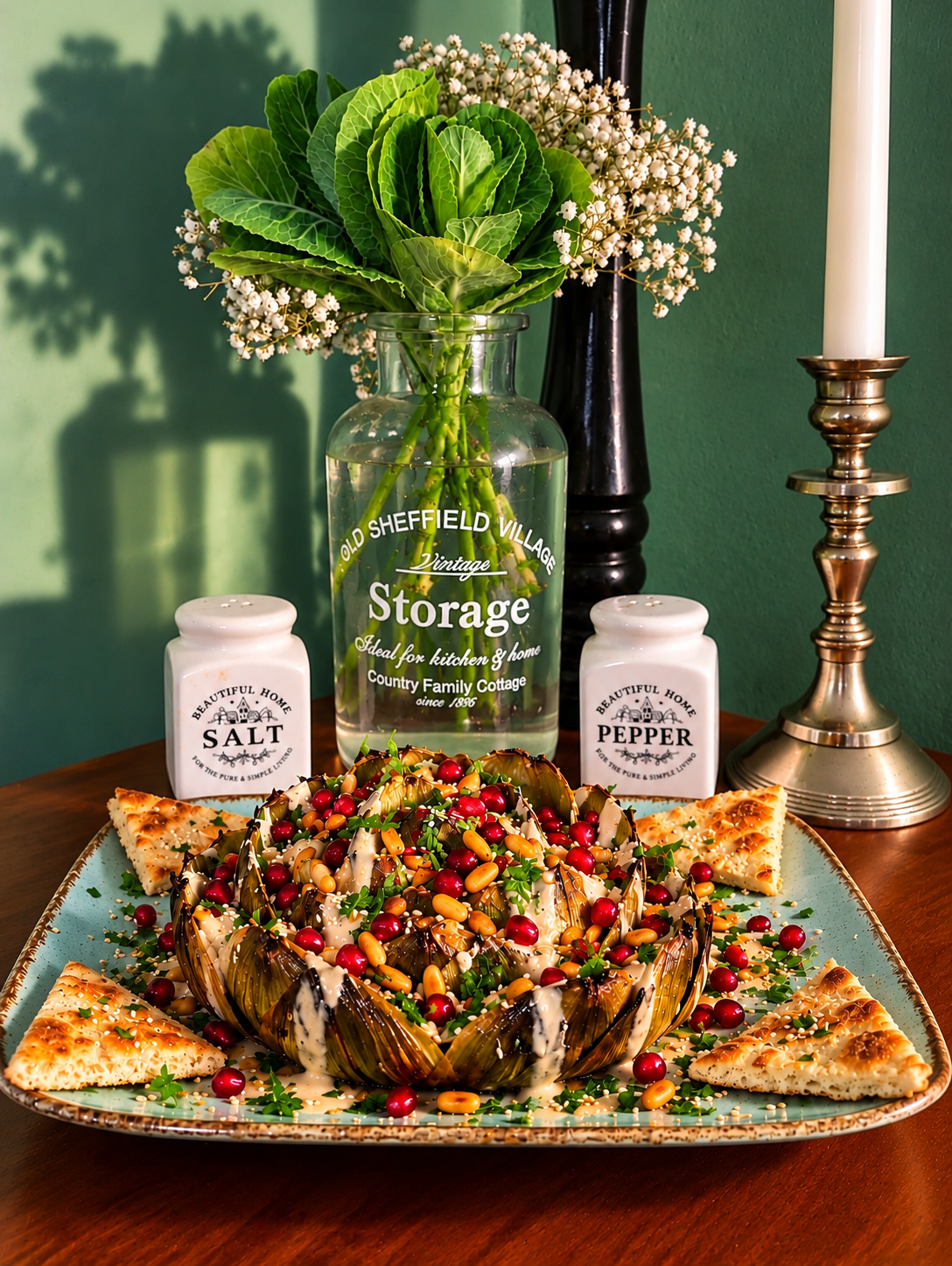 Whole roasted artichokes arranged like a flower on a turquoise ceramic platter, drizzled with creamy lemon-garlic tahini sauce and topped with pomegranate seeds, toasted pine nuts, sesame seeds and fresh parsley, surrounded by golden flatbread wedges.