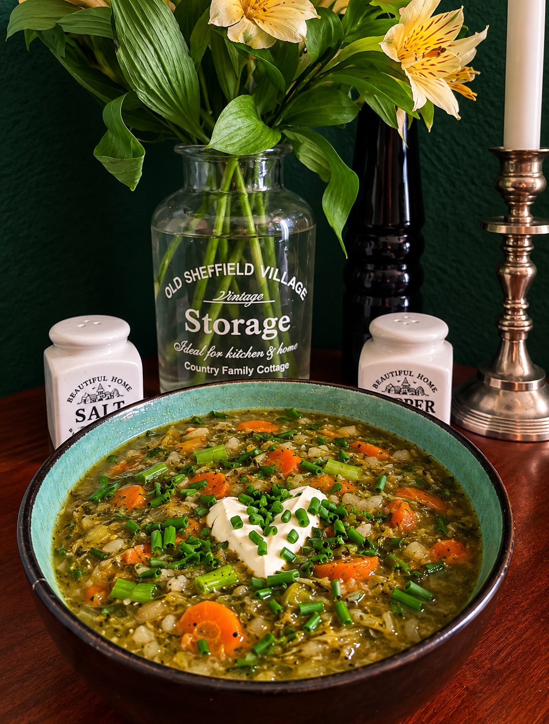 Traditional Romanian vegan leek soup with carrots, vegetables, fresh chives and a piped swirl of plant-based sour cream, served in a rustic turquoise bowl.