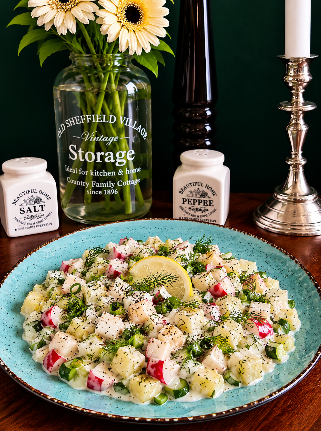 Vegan Russian Okroshka with diced potatoes, cucumber, red and white radishes, spring onions and fresh dill in a creamy soy yogurt dressing, served on a turquoise plate with a lemon garnish.