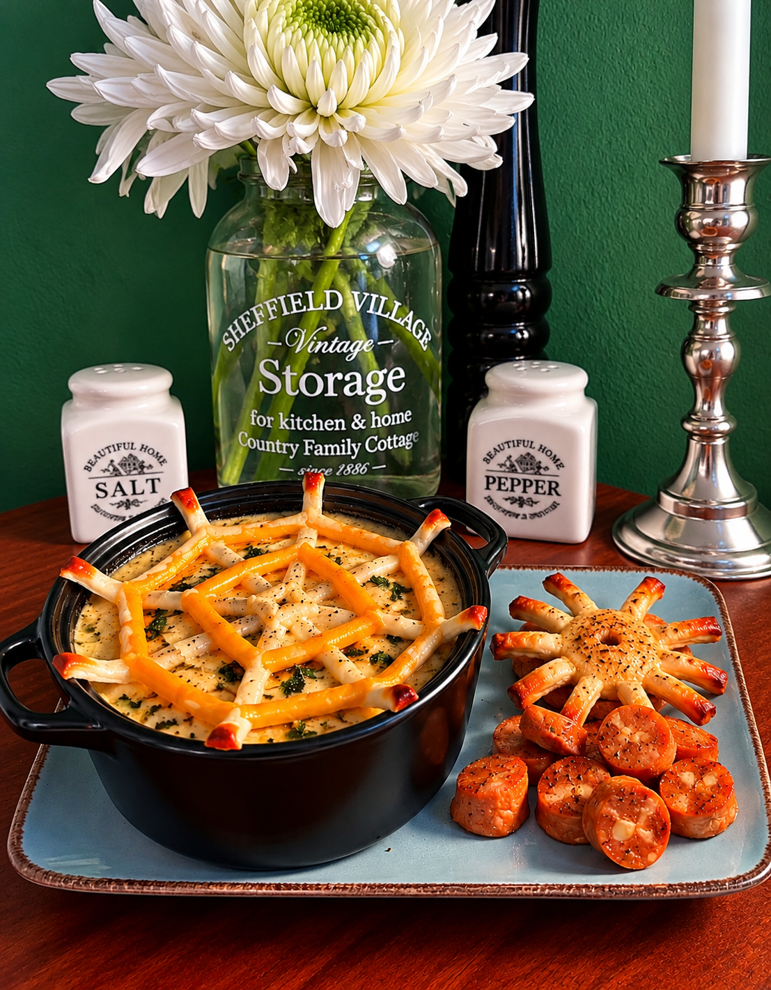 Vegan Scottish Rumbledethumps layered with savoy cabbage, Brussels sprouts and mashed potatoes, topped with a Halloween spiderweb made from plant-based cheese, served with pan-fried vegan cheese sausages and a crispy pizza dough spider.