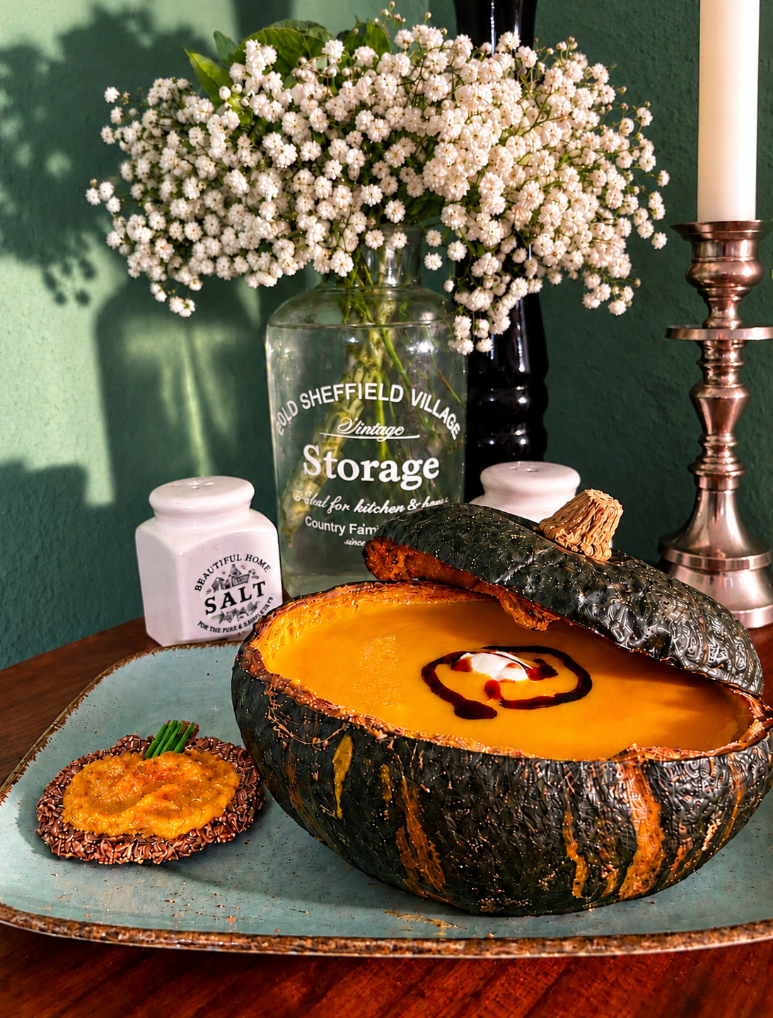 Vegan Caribbean pumpkin curry soup with fresh orange juice, ginger and coconut milk, served inside a roasted green Hokkaido pumpkin with vegan sour cream and pumpkin seed oil on a rustic turquoise platter.