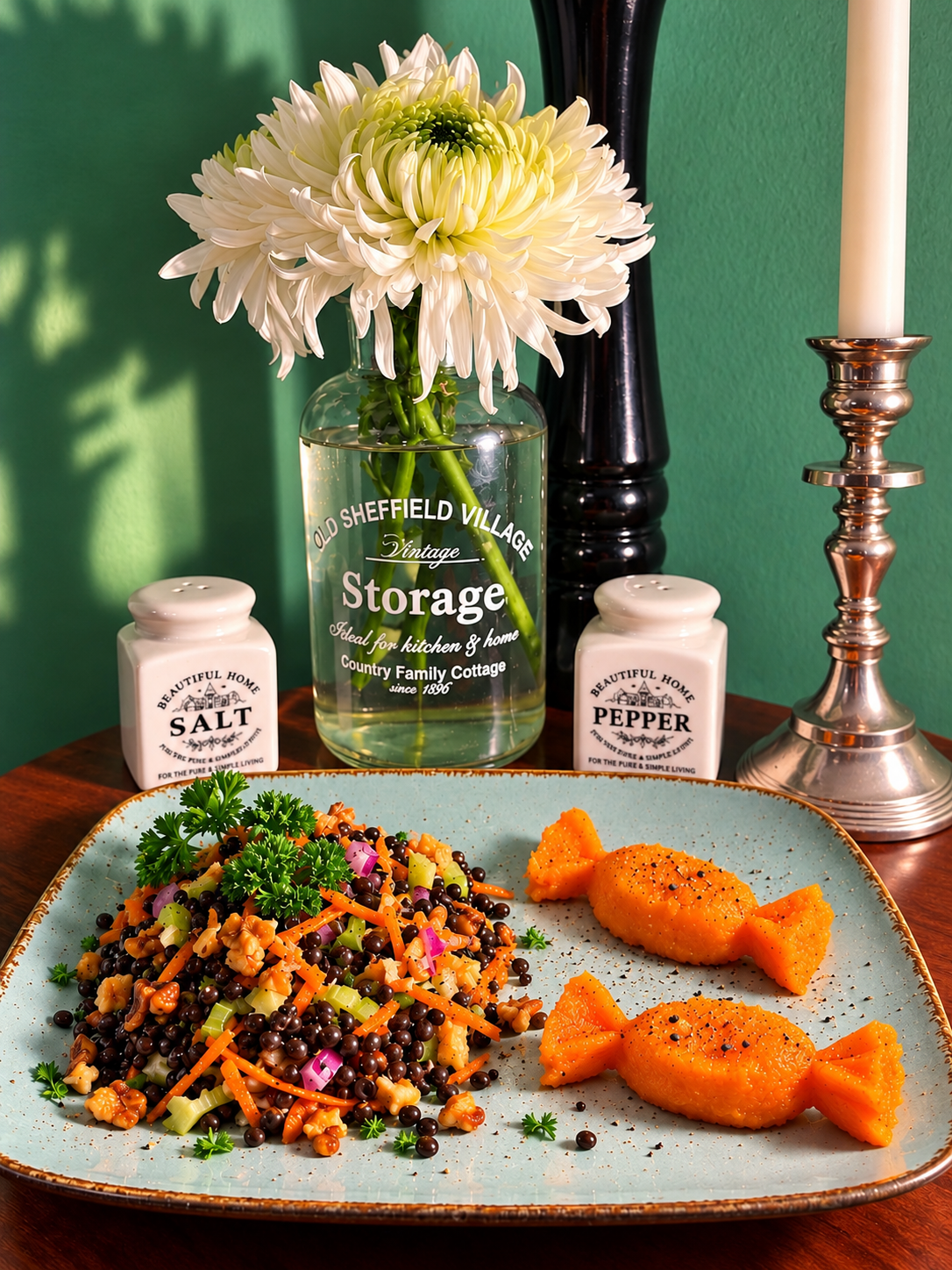 French autumn lentil salad with black Beluga lentils, carrots, celery, red onion, toasted walnuts and fresh parsley on a rustic turquoise plate, served with two small pumpkin purée bonbons.