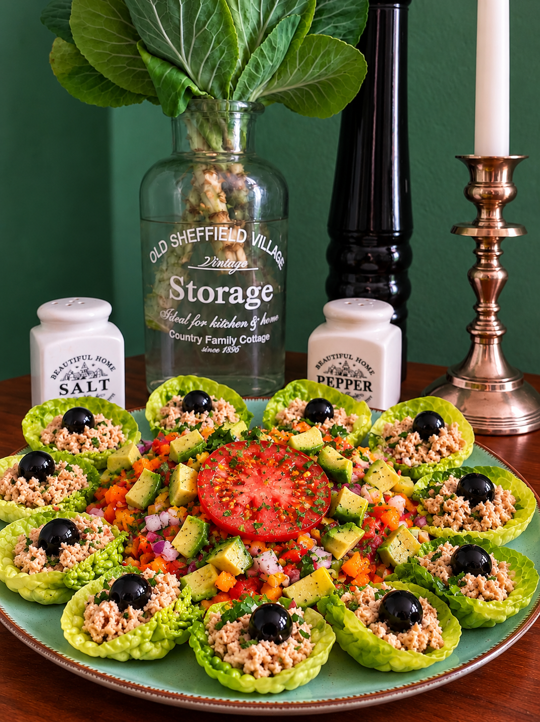 Seychelles-inspired vegan tuna salad served in crisp Romaine lettuce boats with black olives, surrounded by colorful chopped vegetables, avocado, fresh herbs and a tomato slice on a turquoise plate.