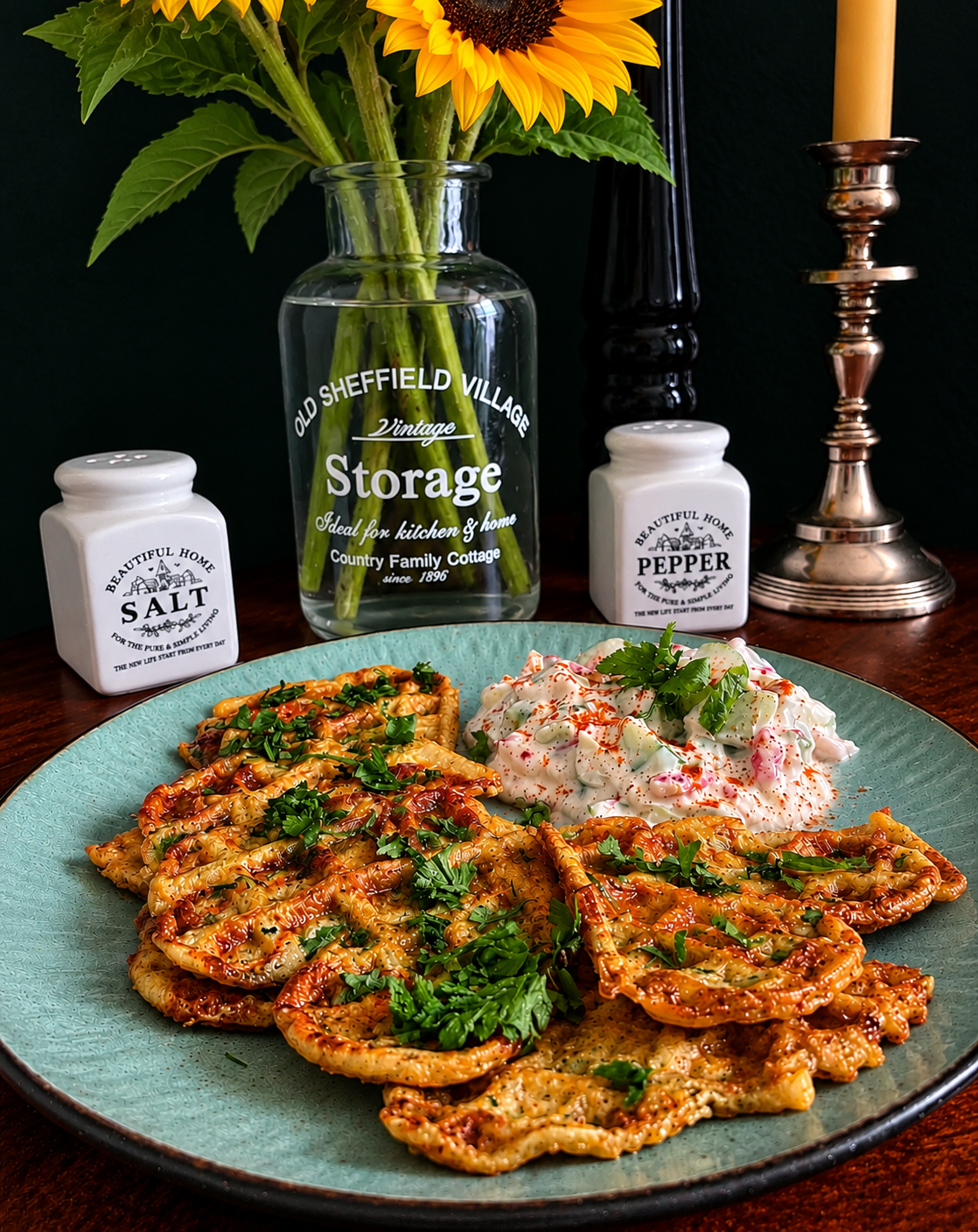 Ukoy waffles made with onion, butternut squash, zucchini and chickpea flour, served with fresh coriander and a creamy vegetable dip.