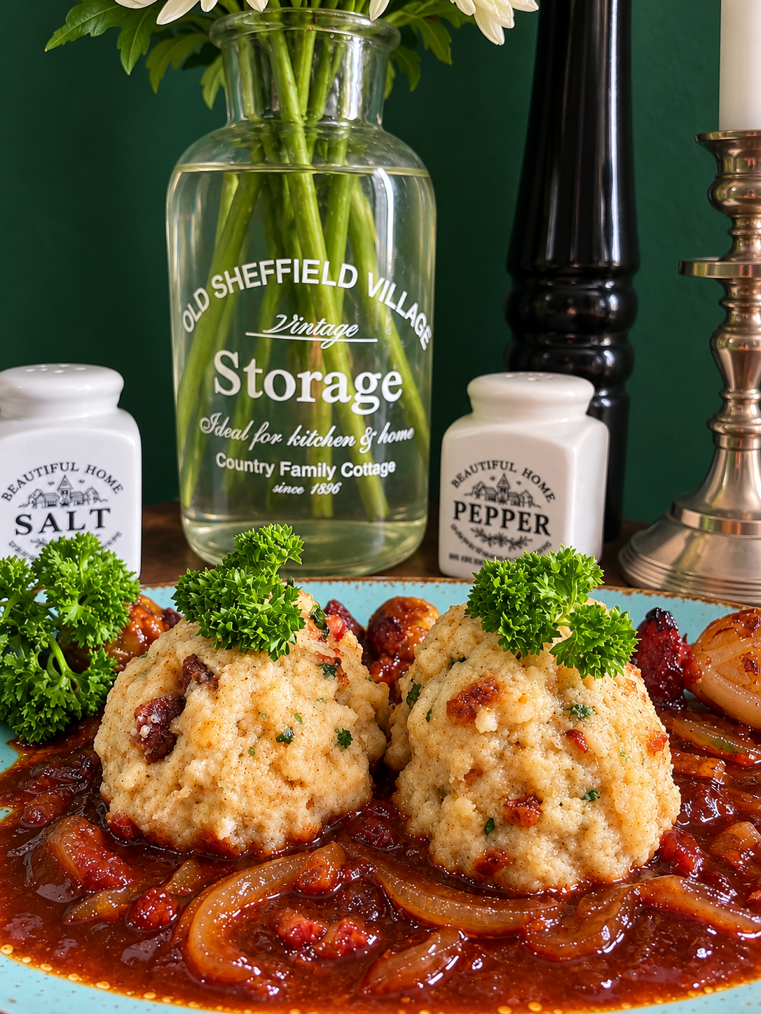 Traditional Slovenian vegan bread dumplings with fresh curly parsley served in a rich dark onion gravy with caramelized onions on a turquoise ceramic plate.