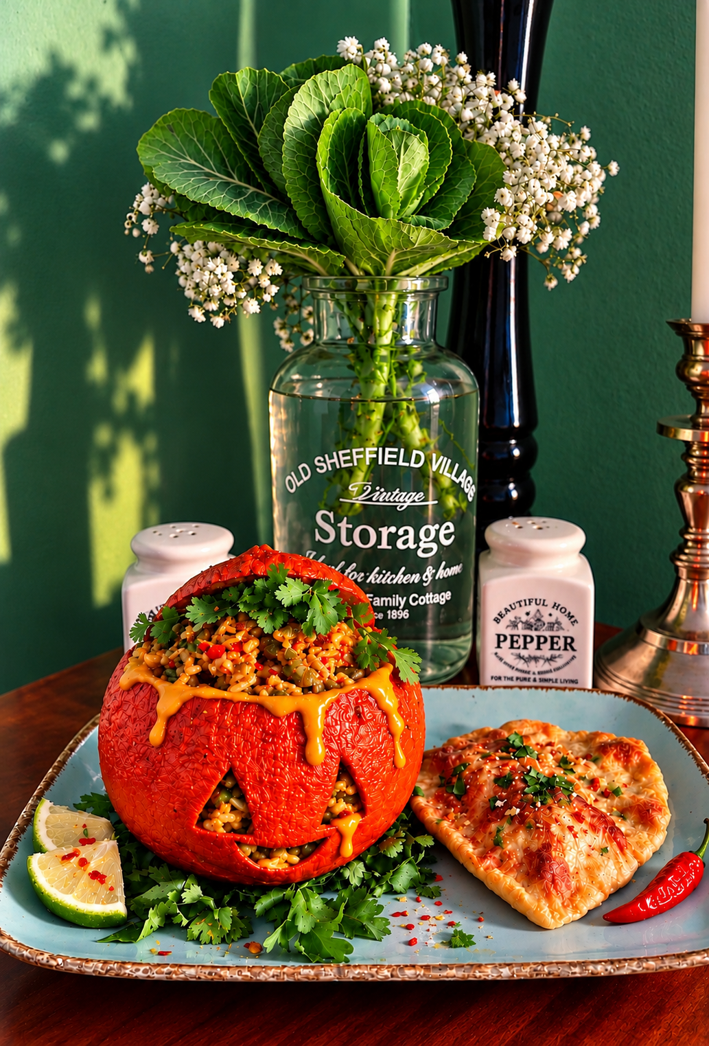 Somlor Kari-inspired vegan Cambodian pumpkin curry with jasmine rice, yellow Kroeung, tofu and fresh coriander, served inside a smiling carved Hokkaido pumpkin on a ceramic plate with flatbread, lime wedges and a red chilli.