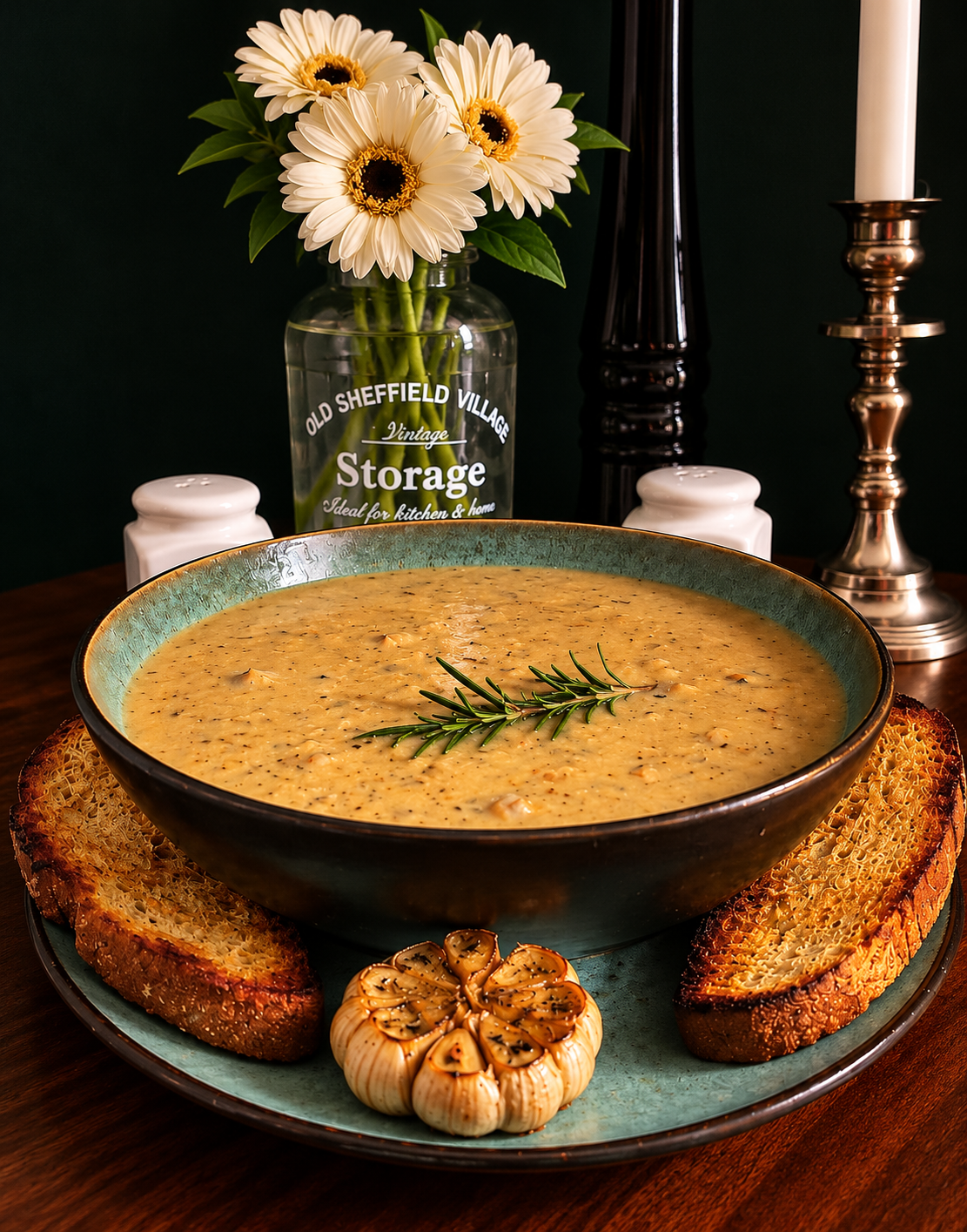 Vegan Spanish Sopa de Ajo made with golden garlic, rustic bread, smoky paprika, vegan bacon, soy cream and fresh parsley, served as a hearty traditional Spanish garlic soup.