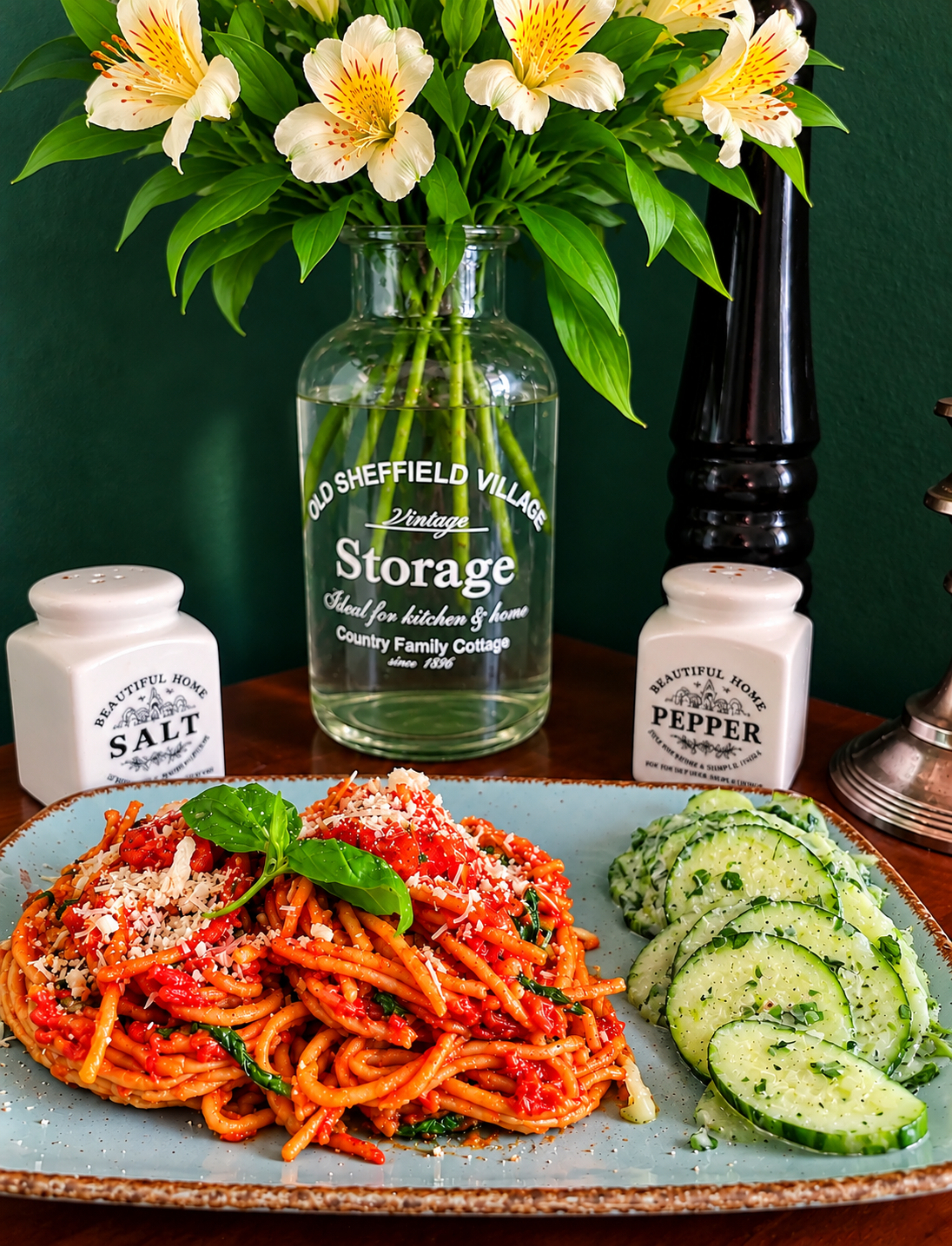 Vegan Spaghetti all’Assassina from Bari with intensely red tomato sauce, garlic, chili, fresh basil and grated vegan topping, served with creamy herb cucumber salad on a rustic pale blue ceramic plate.