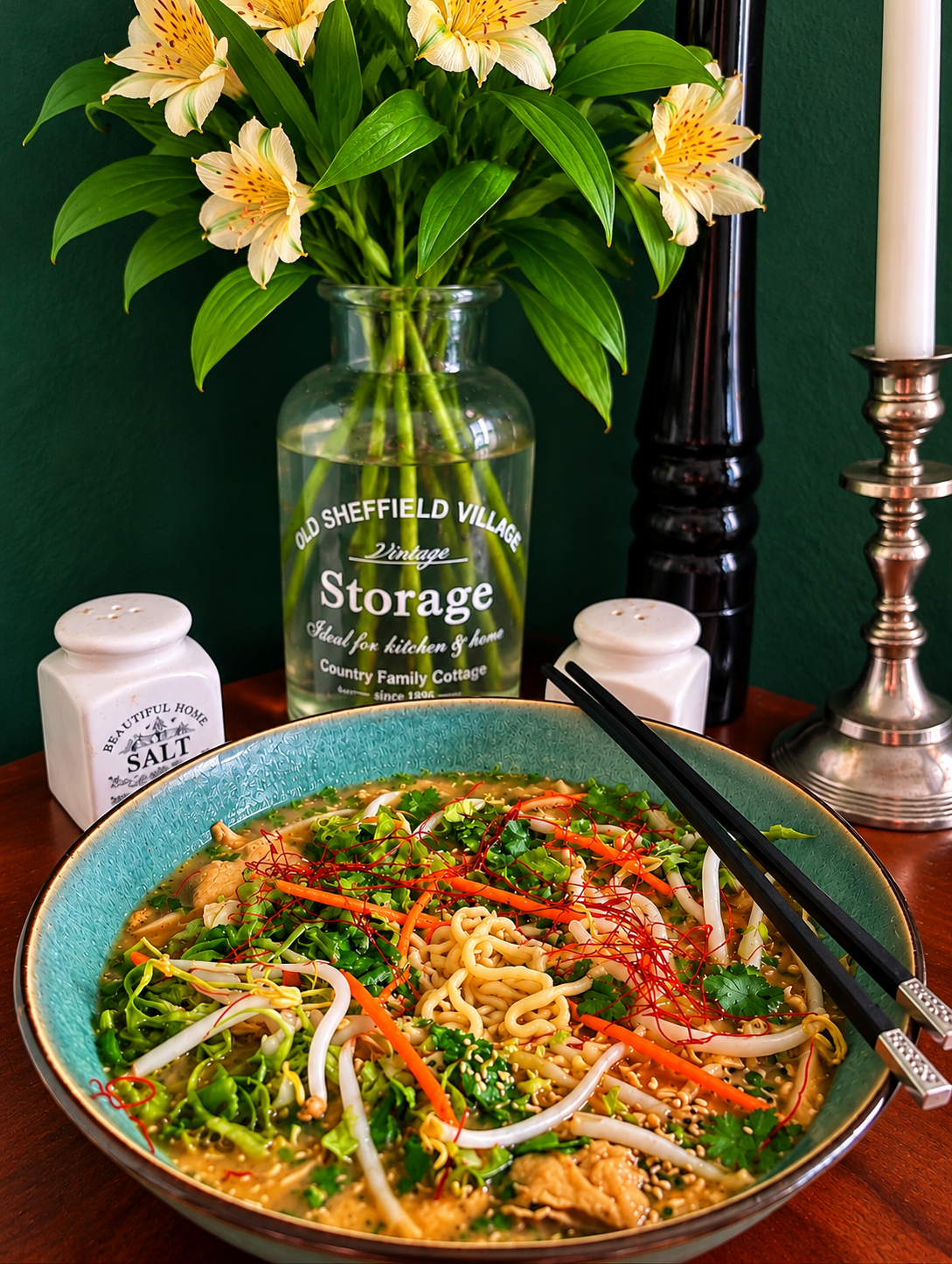 Spicy vegan miso ramen served in a turquoise ceramic bowl with curly noodles, bean sprouts, carrot strips, leafy greens, fresh coriander, sesame seeds and fine red chili threads, with black chopsticks resting on the rim.