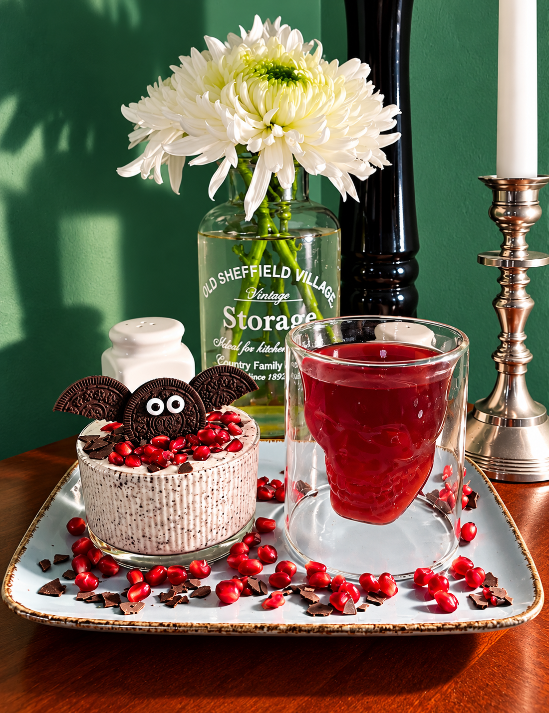 Vegan Halloween breakfast featuring creamy marzipan poppy seed soy yoghurt with homemade alcohol-free marzipan, fresh pomegranate seeds and handmade Oreo cookie bats with edible sugar eyes, served in two glasses.