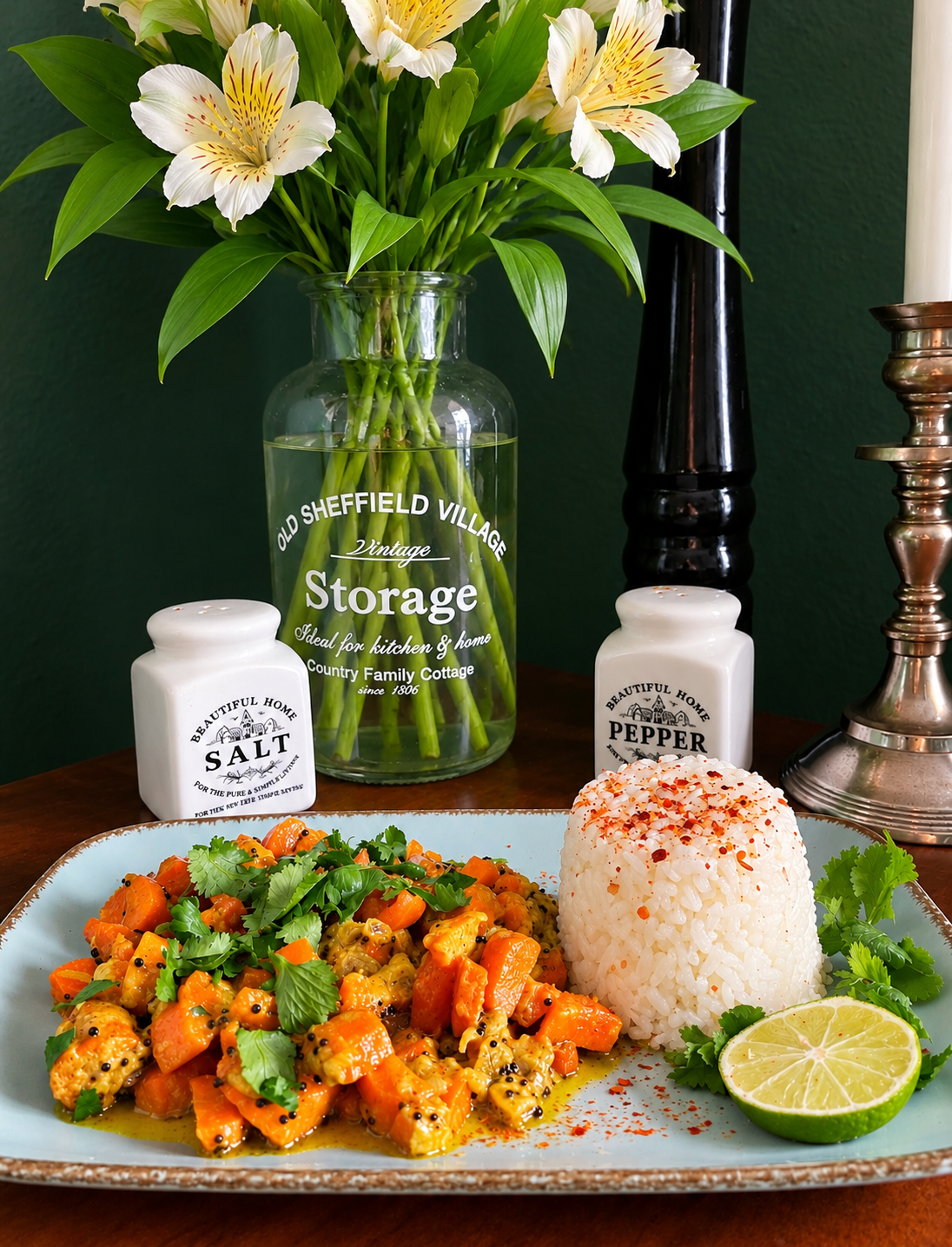 Sri Lankan Carrot Mallum with golden-orange carrot pieces, grated coconut, black mustard seeds and fresh coriander, served beside a compact mound of white rice sprinkled with chilli flakes, fresh lime and coriander on a turquoise ceramic plate.