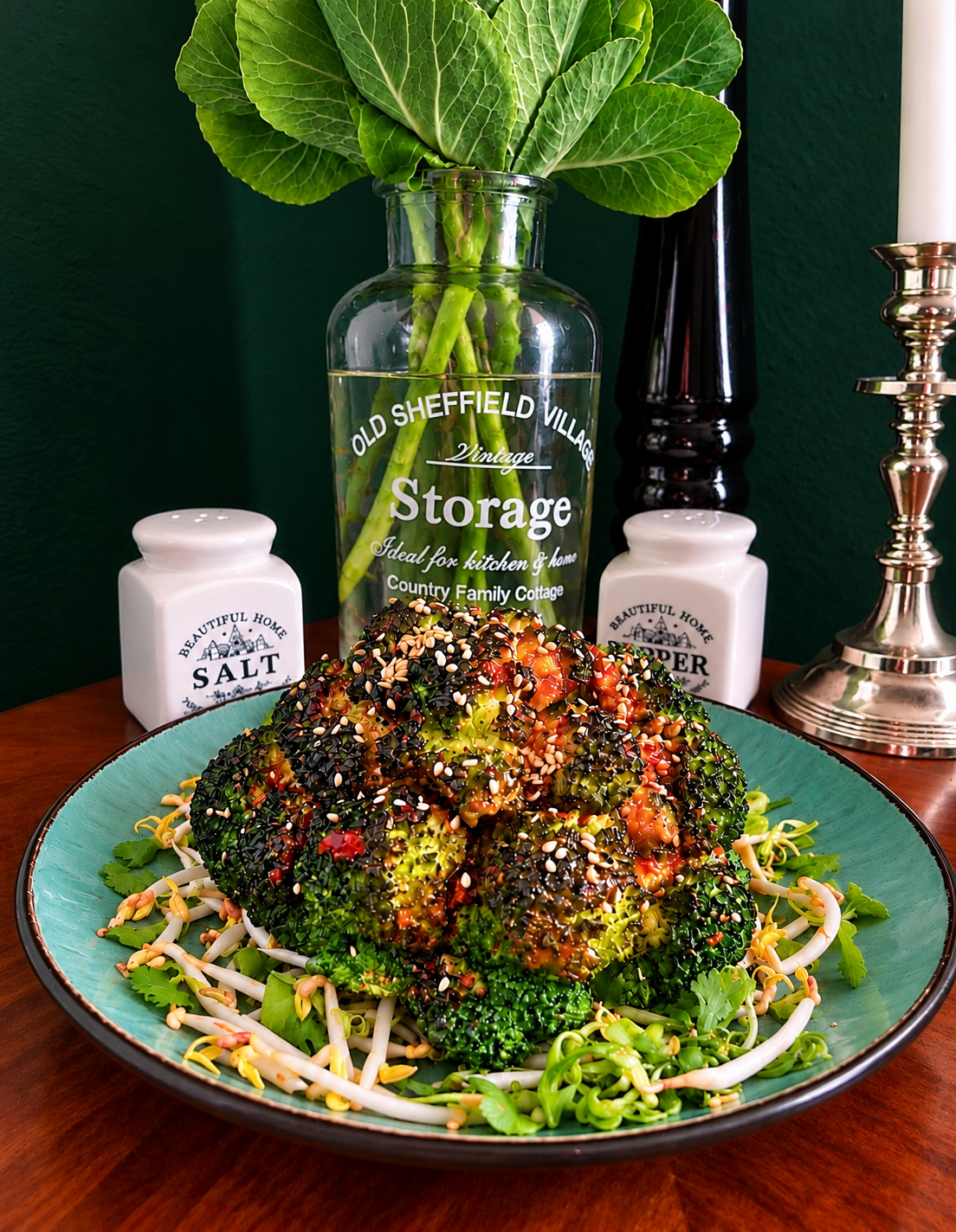 Whole roasted Chinese garlic broccoli with glossy garlic-ginger sauce, sesame seeds and chili flakes, served on mung bean sprouts, water spinach and fresh coriander.