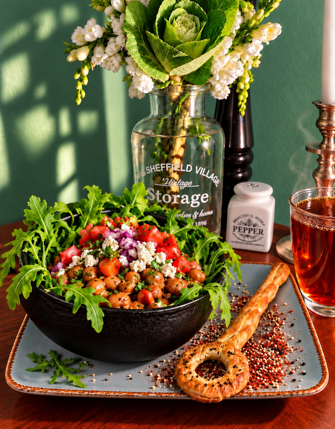 Vegan Sudanese Ful Medames with fava beans, tomatoes, red onions, arugula and creamy crumbled tofu, served as a Halloween witch’s cauldron with a homemade edible pastry spoon.