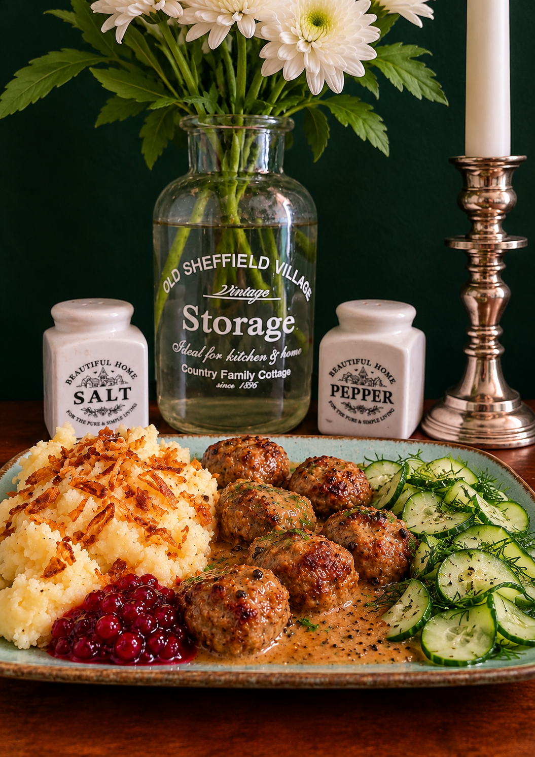 Swedish vegan Köttbullar meatballs in creamy brown gravy, served with mashed potatoes, crispy onions, lingonberry sauce and fresh dill cucumber salad on a rustic ceramic plate.