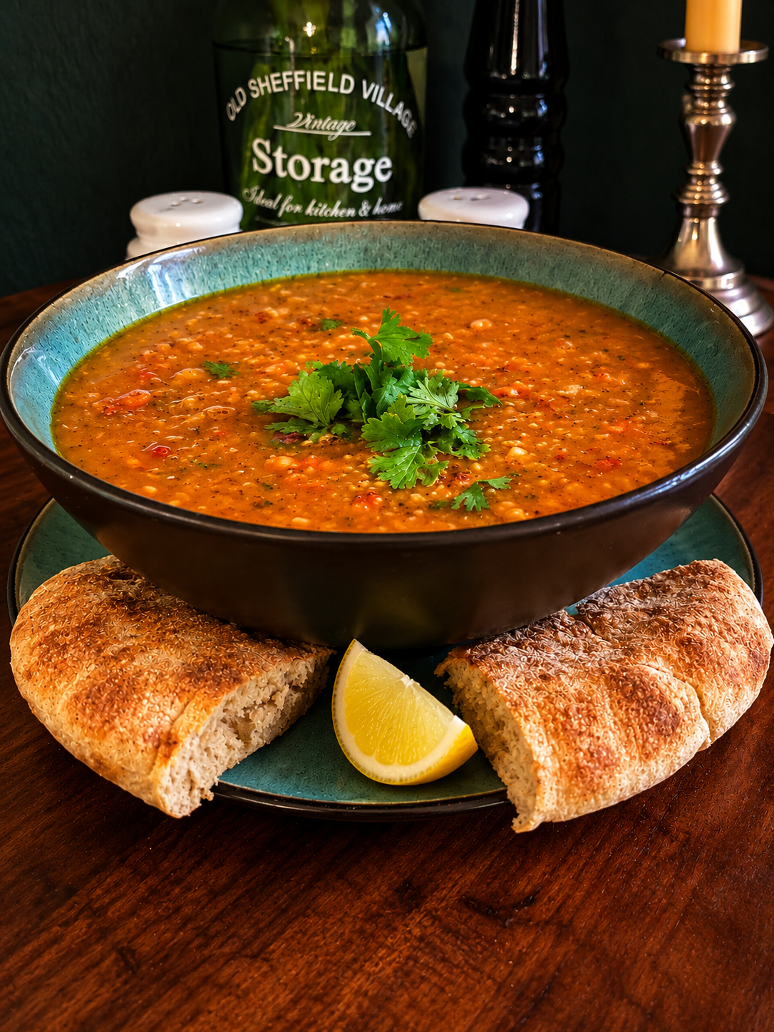 Traditional Syrian Shorbat Adas, a creamy orange-red lentil soup garnished with fresh coriander, served in a turquoise ceramic bowl with crispy flatbread and a fresh lemon wedge.