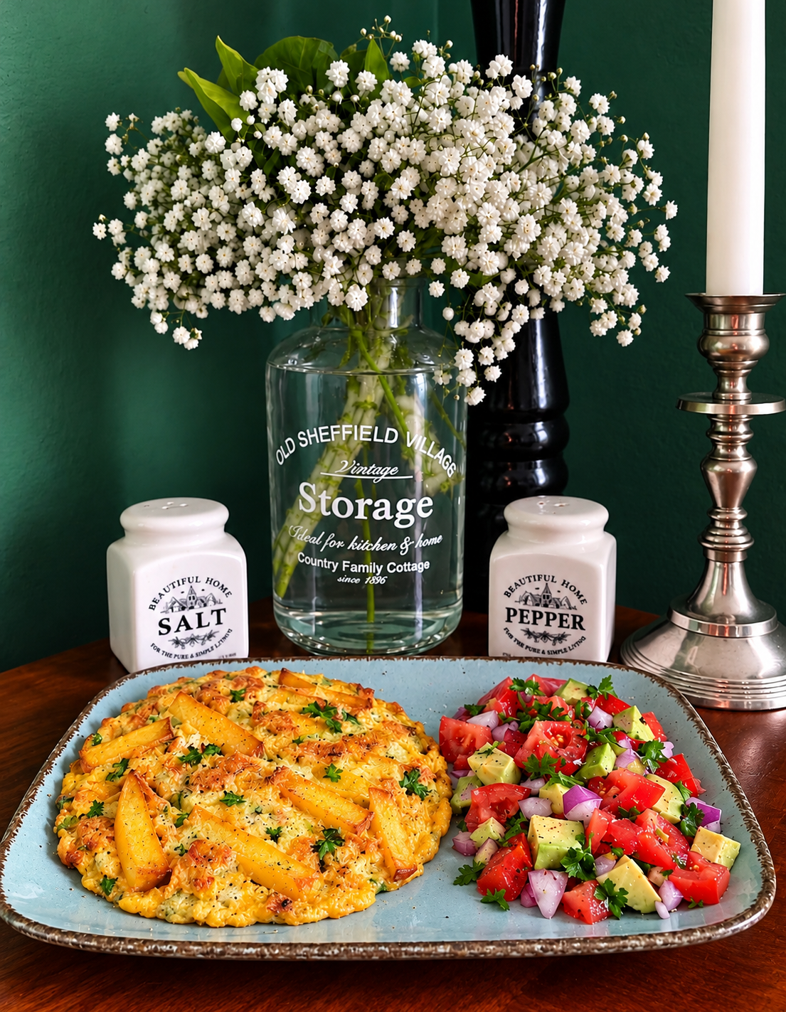 Vegan Tanzanian Chipsi Mayai with golden homemade fries baked into a chickpea flour omelette, served with fresh tomato, avocado and red onion salad.