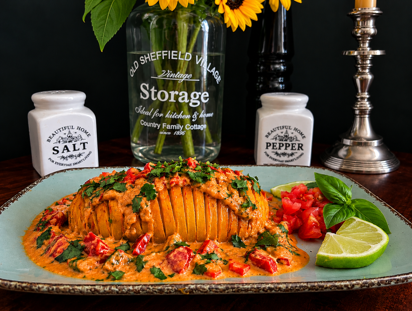 Thai Red Curry Hasselback Butternut Squash with homemade red curry paste, creamy coconut sauce, red bell pepper, fresh herbs and lime, served with tomatoes and Thai basil.