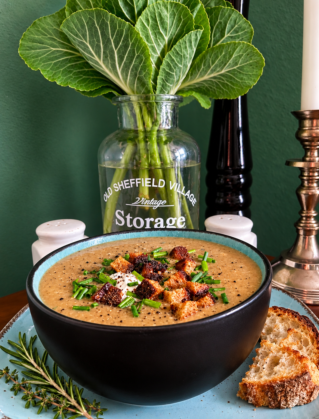Vegan Thüringer Malzbiersuppe made with Karamalz, rosemary and plant-based cream, topped with golden bread croutons and fresh chives.