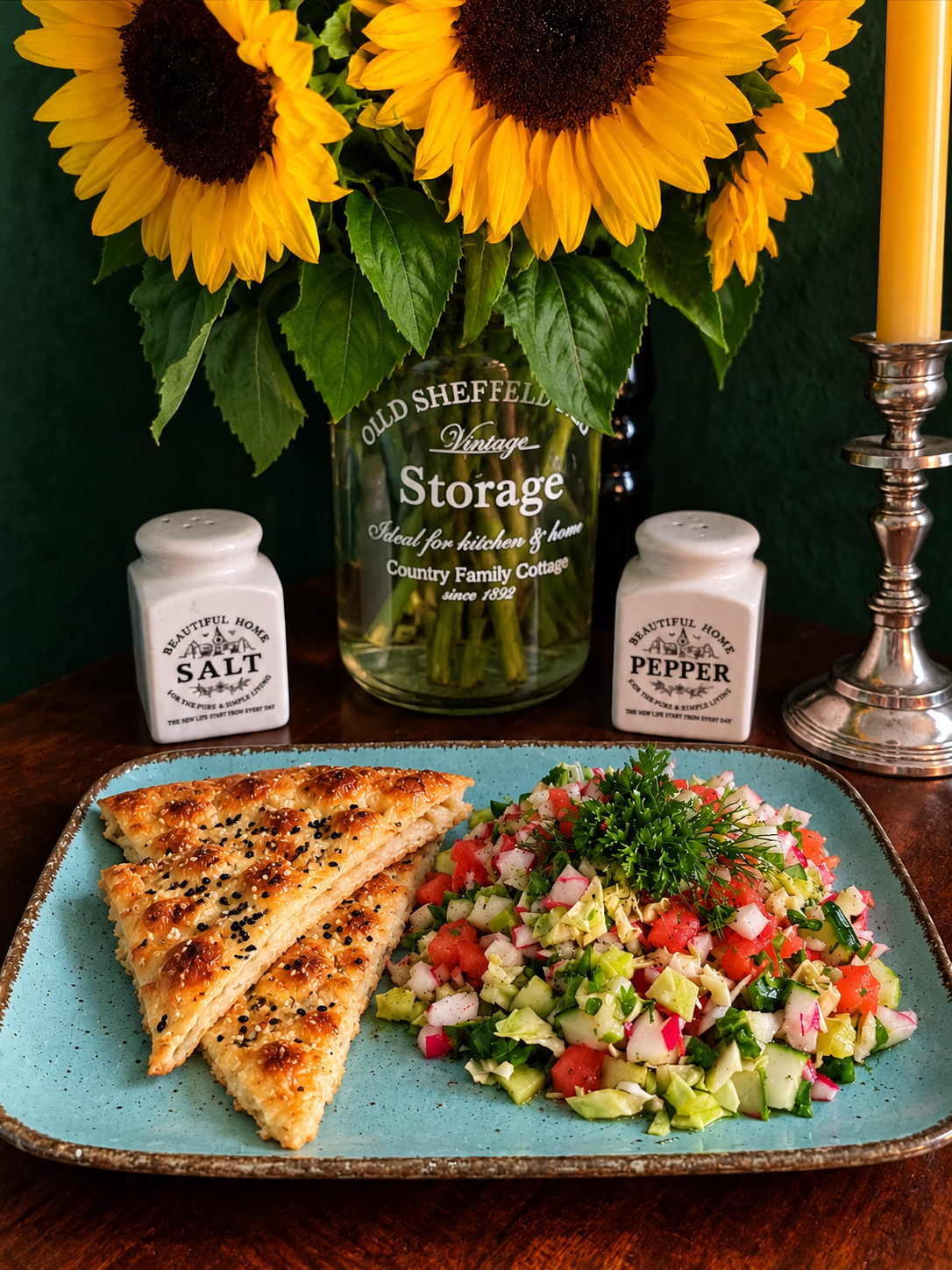 Turkmen Chopped Summer Salad with finely diced tomatoes, cucumber, cabbage, radishes, green pepper, fresh dill and parsley, served with crispy sesame flatbread on a turquoise plate.
