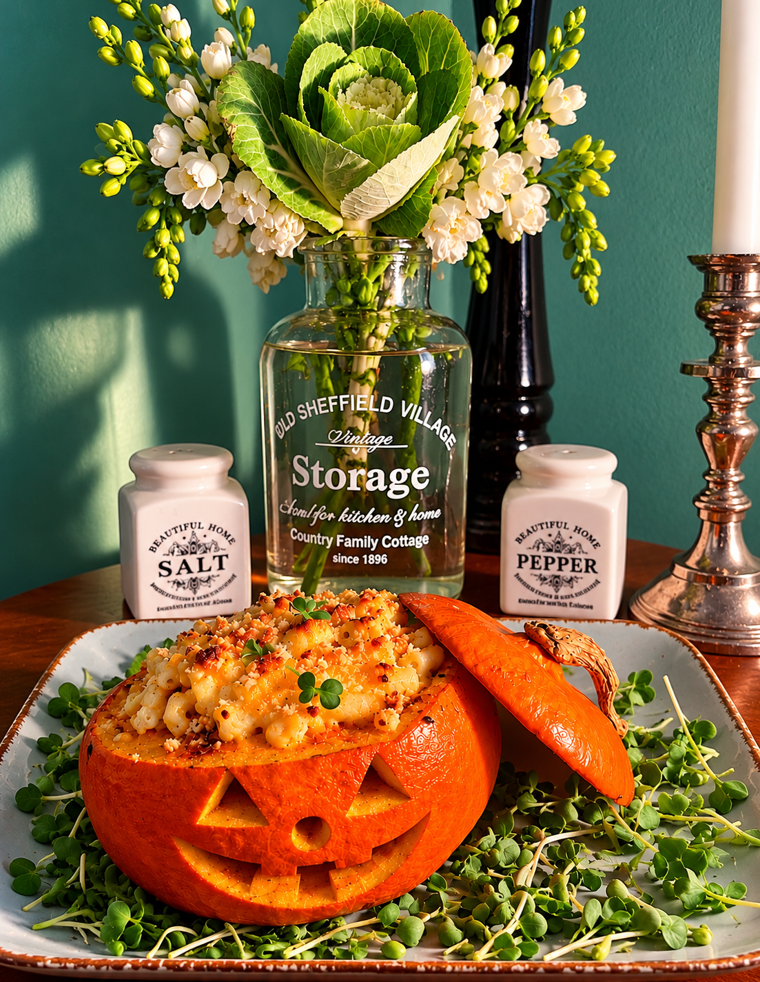 Vegan American Mac and Cheese served inside a roasted, carved Hokkaido Jack-o'-Lantern, filled with creamy cheddar macaroni and topped with golden panko breadcrumbs.