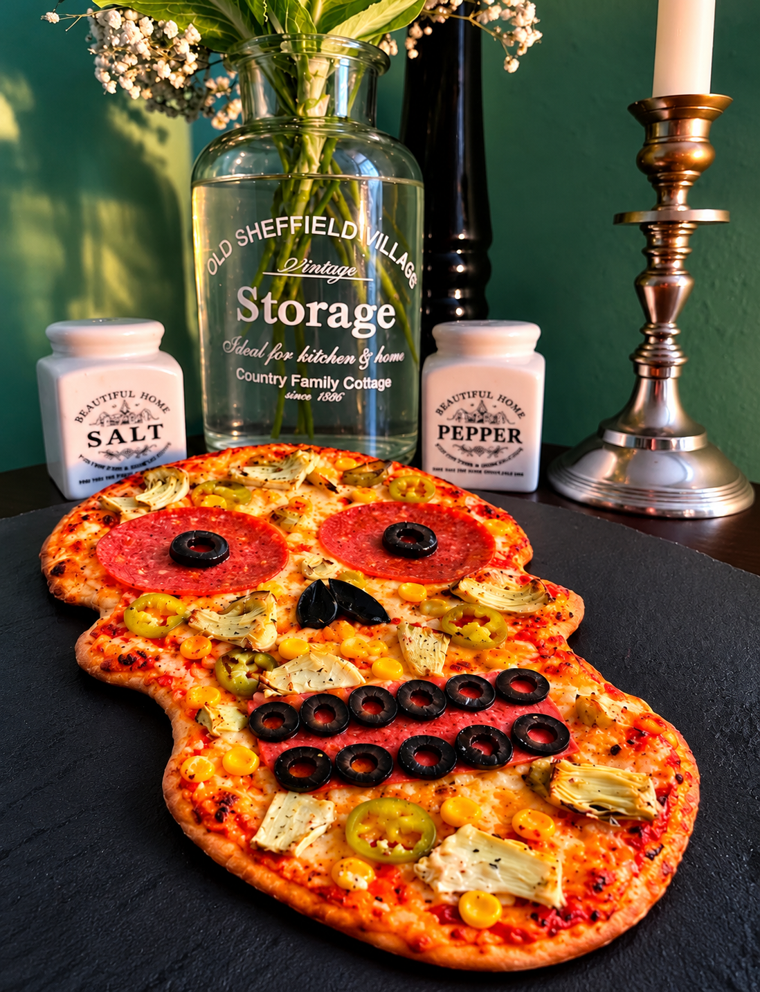Vegan Halloween skull pizza with golden crispy crust, vegan salami eyes, black olive nose and teeth, artichoke hearts, sweetcorn and spicy green chillies. Two views show the spooky skull-shaped pizza on a dark slate board, with a vintage kitchen setting in the background.