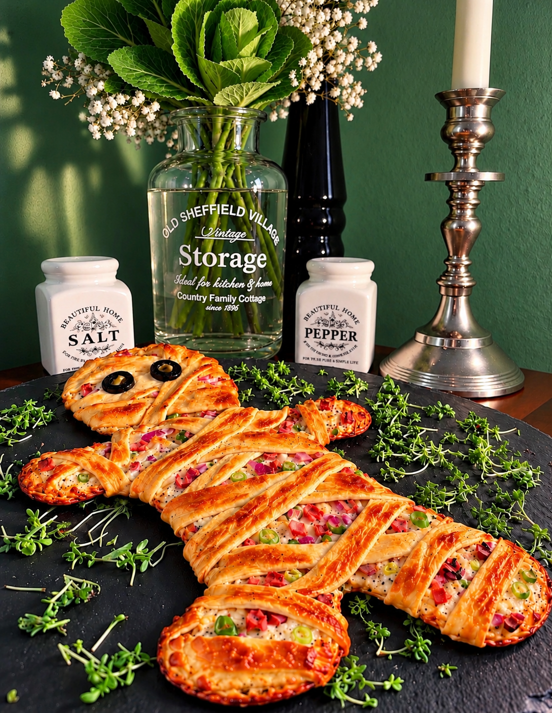 Two homemade mummy-shaped vegan Alsatian Flammkuchen on a black slate board, topped with vegan crème fraîche, plant-based bacon cubes, red onions and spring onions, wrapped in golden pastry bandages and decorated with olive eyes for Halloween.
