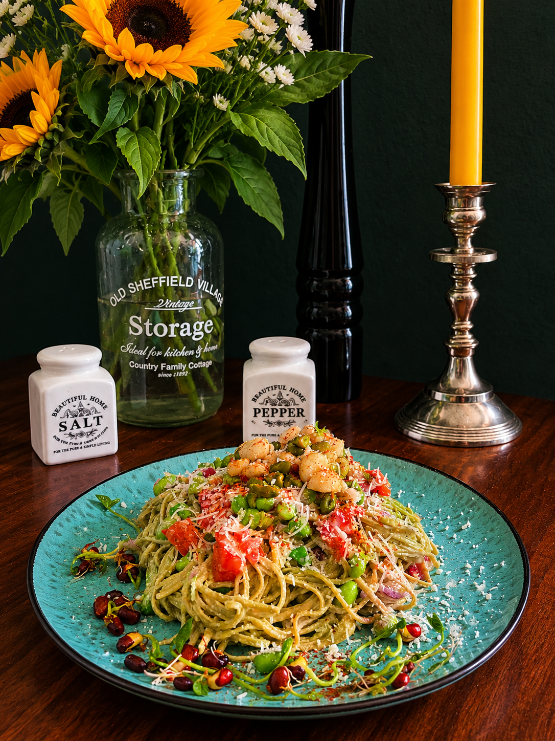 Creamy Australian-inspired edamame spaghetti with lemon myrtle, macadamia nuts, pistachios, fresh edamame, tomatoes, vegan Parmesan alternative and homegrown sprouts, served on a turquoise ceramic plate.