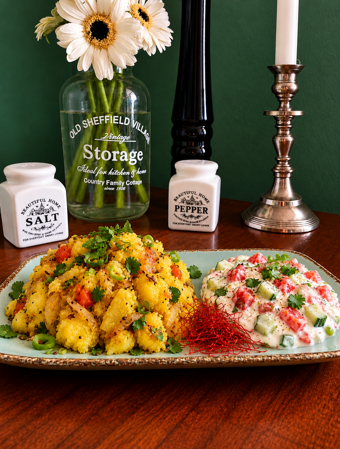 Bangladeshi Aloo Bharta with mustard oil, green chilies, toasted spices, tomatoes, spring onions and fresh coriander, served with creamy vegan tomato and cucumber raita.