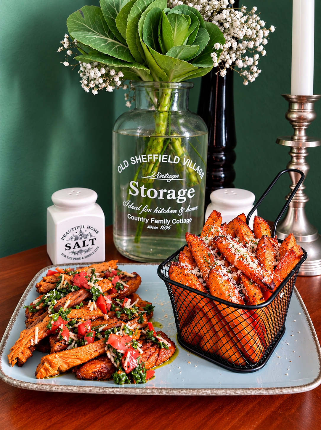 Uruguayan vegan churrasco made with plant-based steak topped with fresh tomato chimichurri, served alongside orange sweet potato fries sprinkled with grated vegan Parmesan in a black wire basket on a pale ceramic plate.