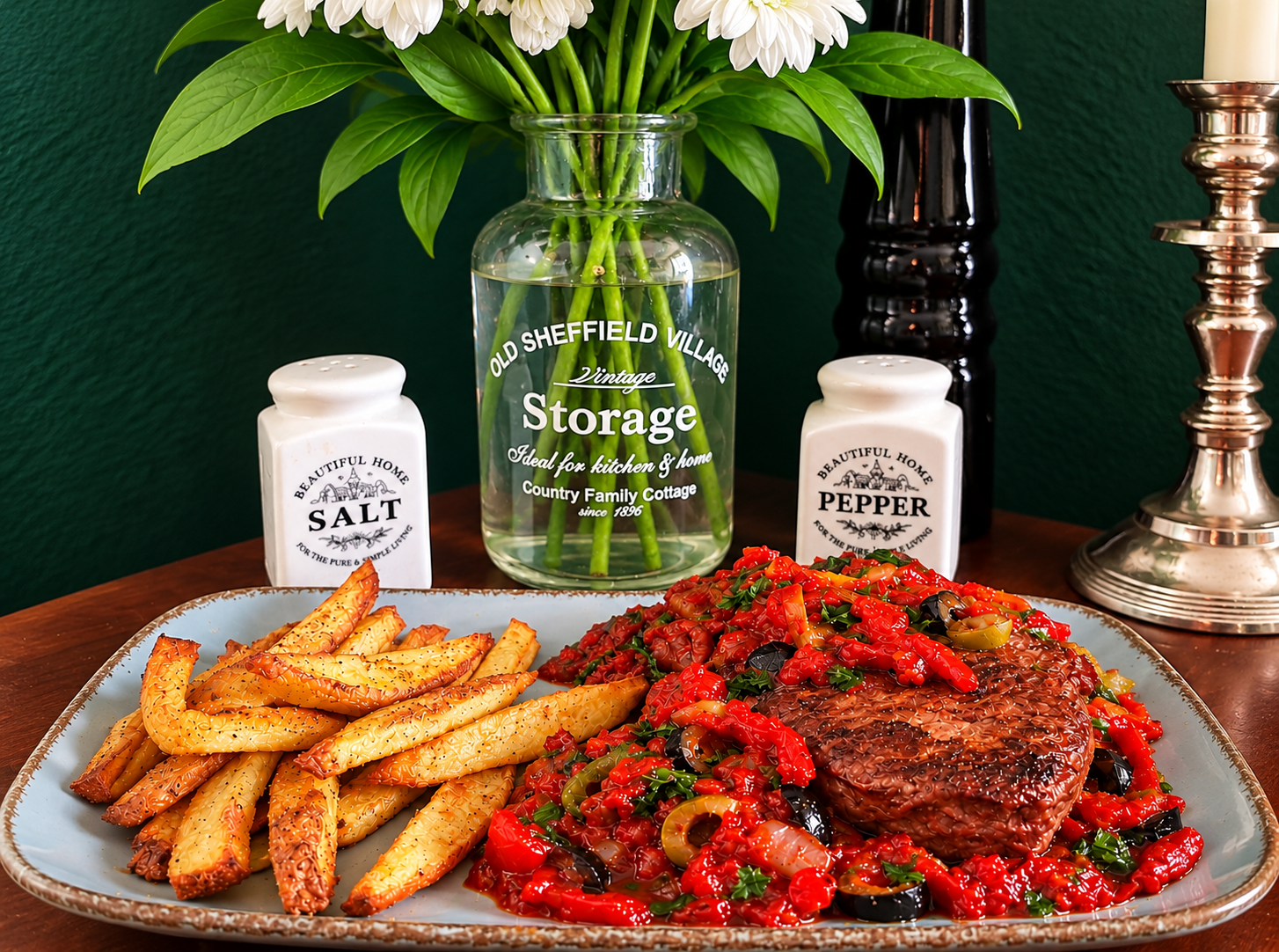 Vegan Argentinian Planted Steak topped with homemade spicy Salsa Criolla featuring tomatoes, red bell peppers, green and black olives, garlic and fresh herbs, served with crispy golden potato wedges on a rustic ceramic plate.