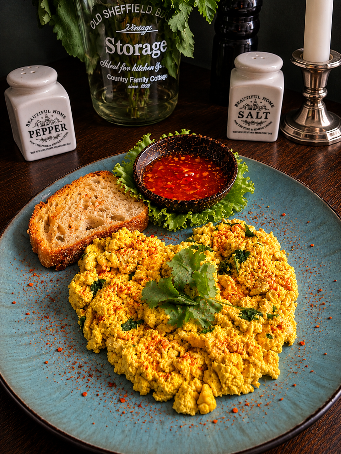 Vietnamese Vegan Bánh Mì Trứng with golden scrambled tofu, fresh coriander, crispy baguette and sweet chili dipping sauce, served on a turquoise plate.