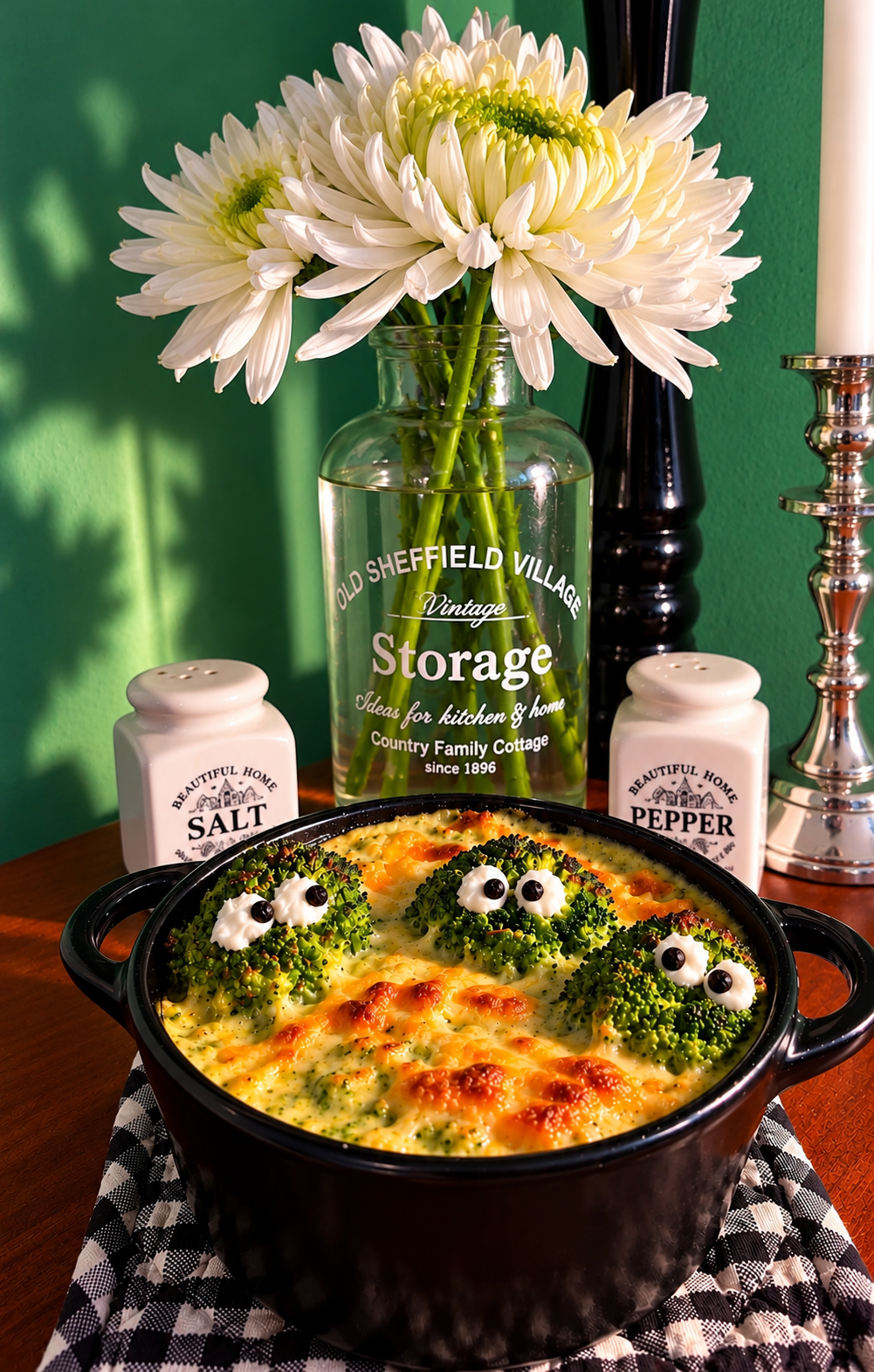 Vegan American broccoli cheddar soup baked with melted plant-based cheddar in individual ramekins, topped with three broccoli monsters called Broccolins, featuring vegan sour cream eyes and black peppercorn pupils, served as a playful Halloween dish.