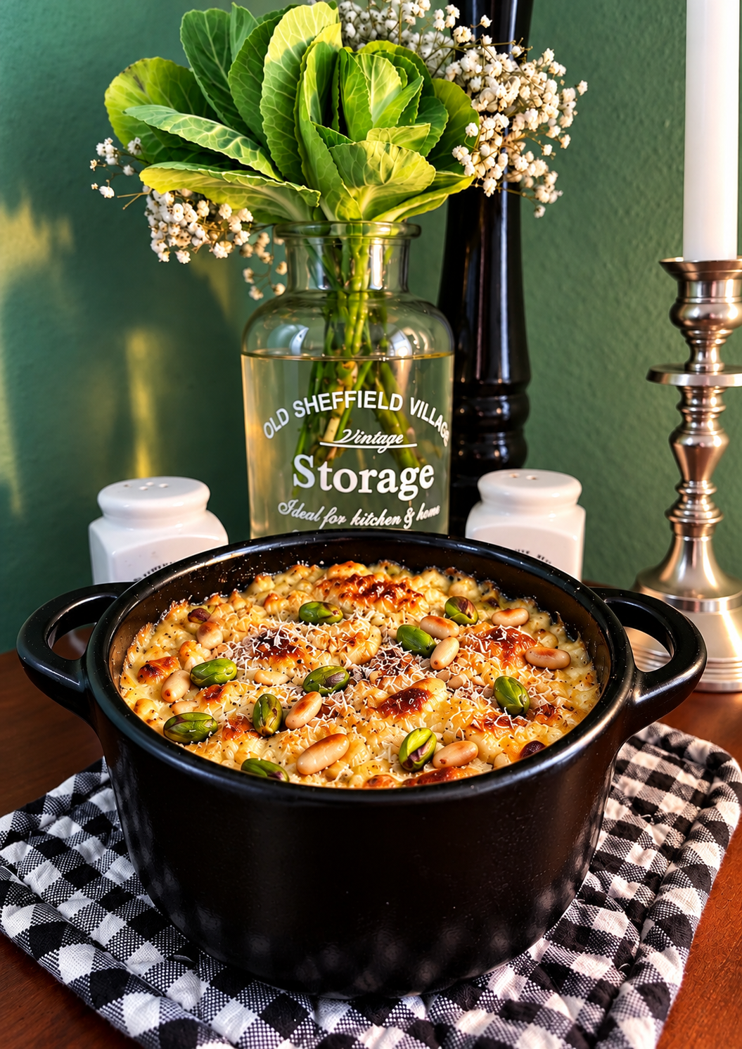 Chilean vegan artichoke casserole with creamy plant-based cheddar, a golden cheese crust, toasted pine nuts and pistachios, served in a black ceramic baking dish.