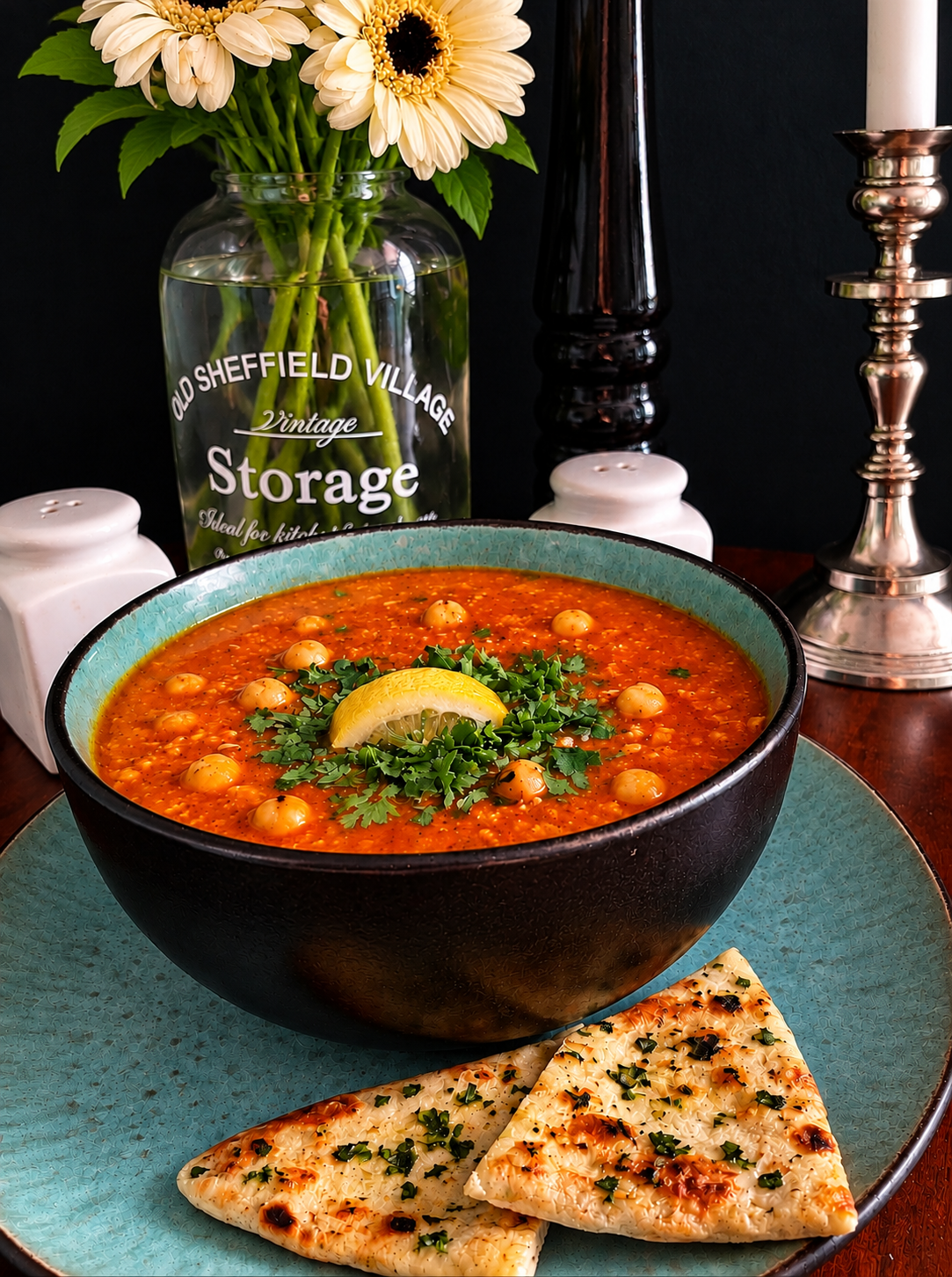 Vegan Chana Shorba, a vibrant red-orange Indian chickpea and tomato soup in a black bowl with a turquoise rim, topped with whole chickpeas, fresh coriander and a lemon wedge, served with golden homemade Garlic Naan on a turquoise plate.