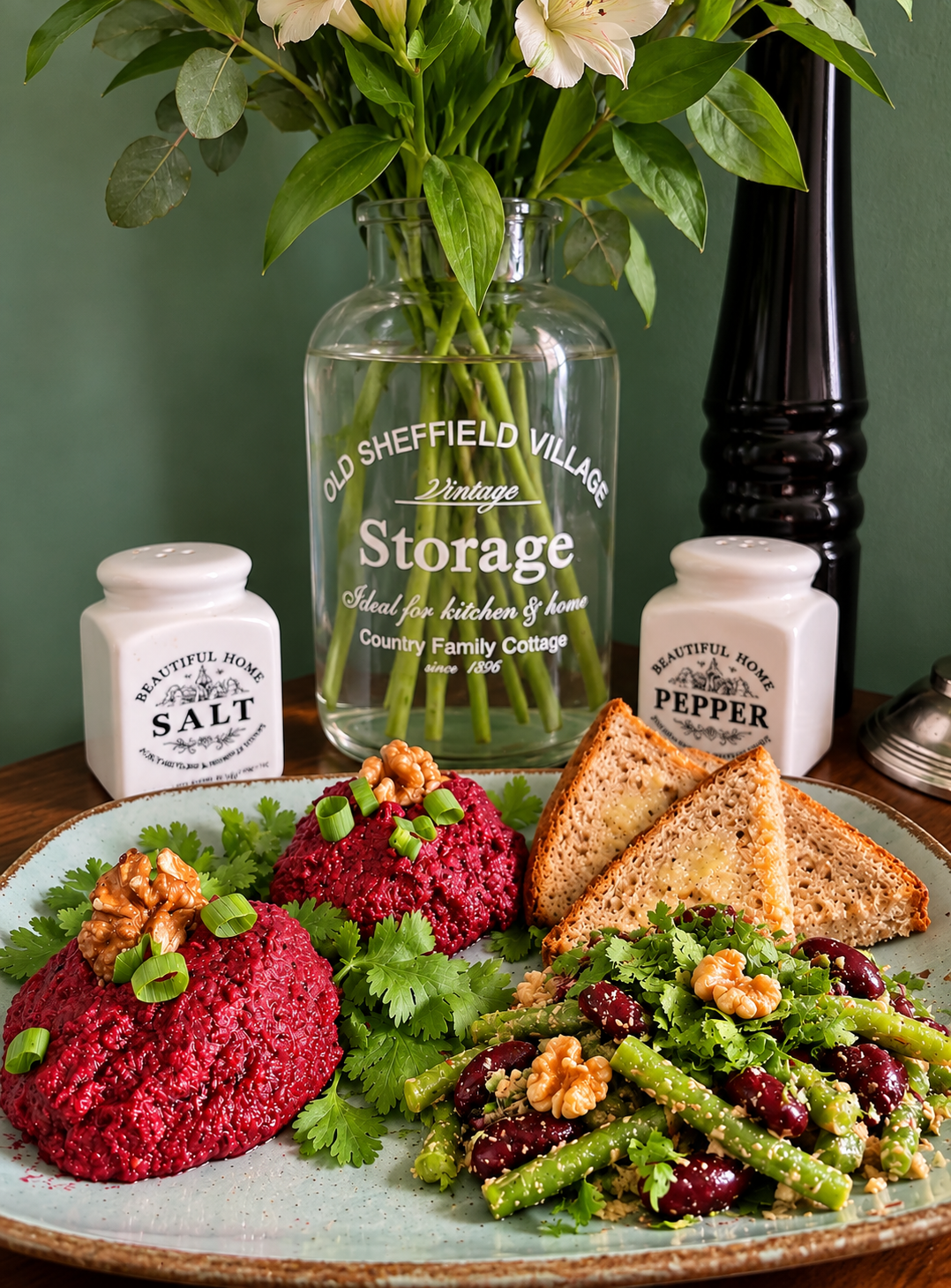 Georgian Charkhlis Pkhali made with raw beetroot and walnuts, served alongside Mtsvane Lobio with green beans, red kidney beans, fresh coriander, walnut dressing and toasted bread.