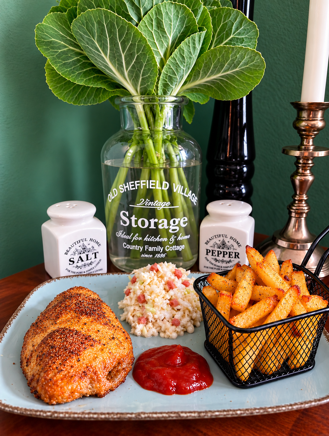 Vegan DDR Goldbroiler with golden crispy rice paper skin, homemade oven fries, white cabbage coleslaw with vegan bacon cubes and homemade espresso ketchup.