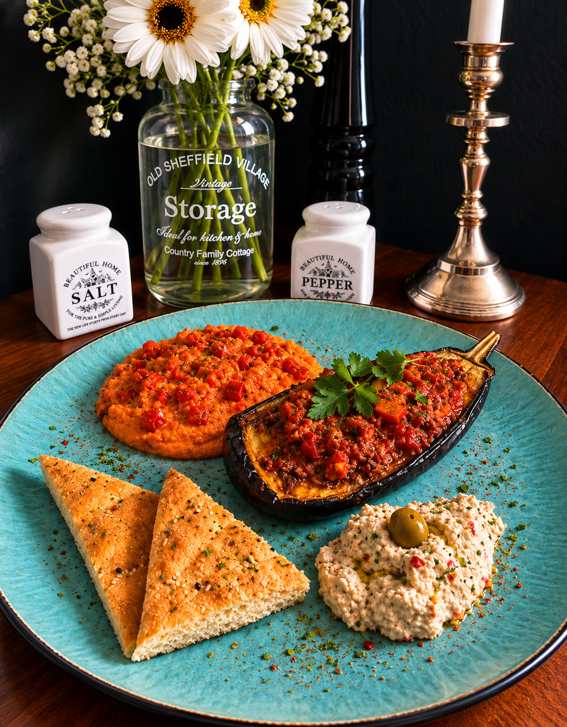 Vegan Imam Bayildi with tomato and garlic filling, served with Tofu Acuka, vegan green olive spread and Turkish flatbread on a turquoise plate.